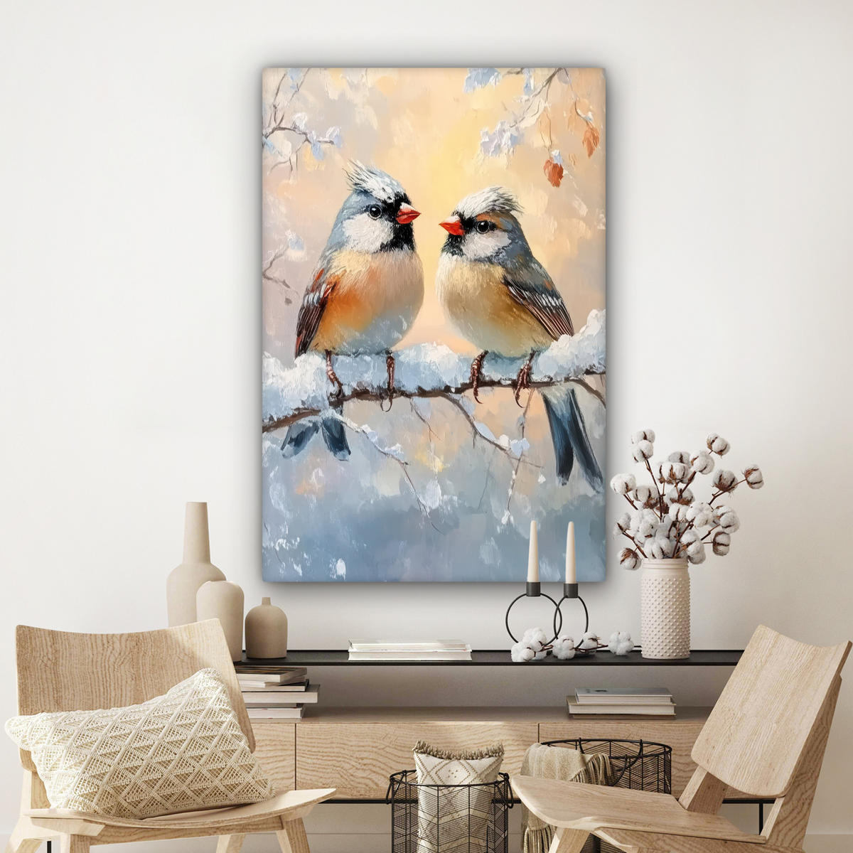 LEINWANDBILD Vögel - Zweig - Winter - Schnee Deko XXL 80x120 cm - Pastellblau, Textil (80/120cm) - MuchoWow