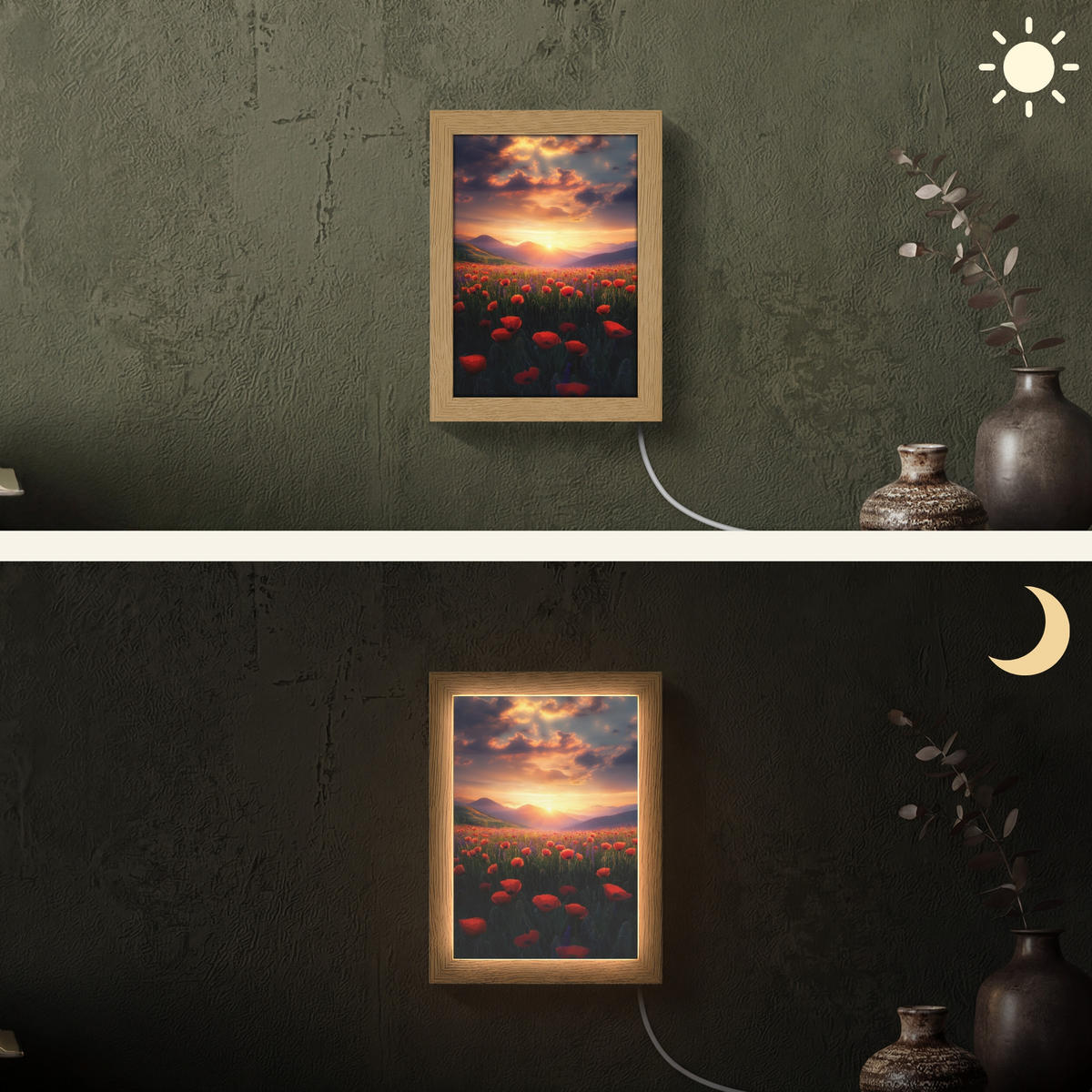 WANDLEUCHTE Landschaft - Sonnenuntergang - Blumenfeld 15x20 cm - Rot, Holzwerkstoff (15/20/8cm) - OnlyWow