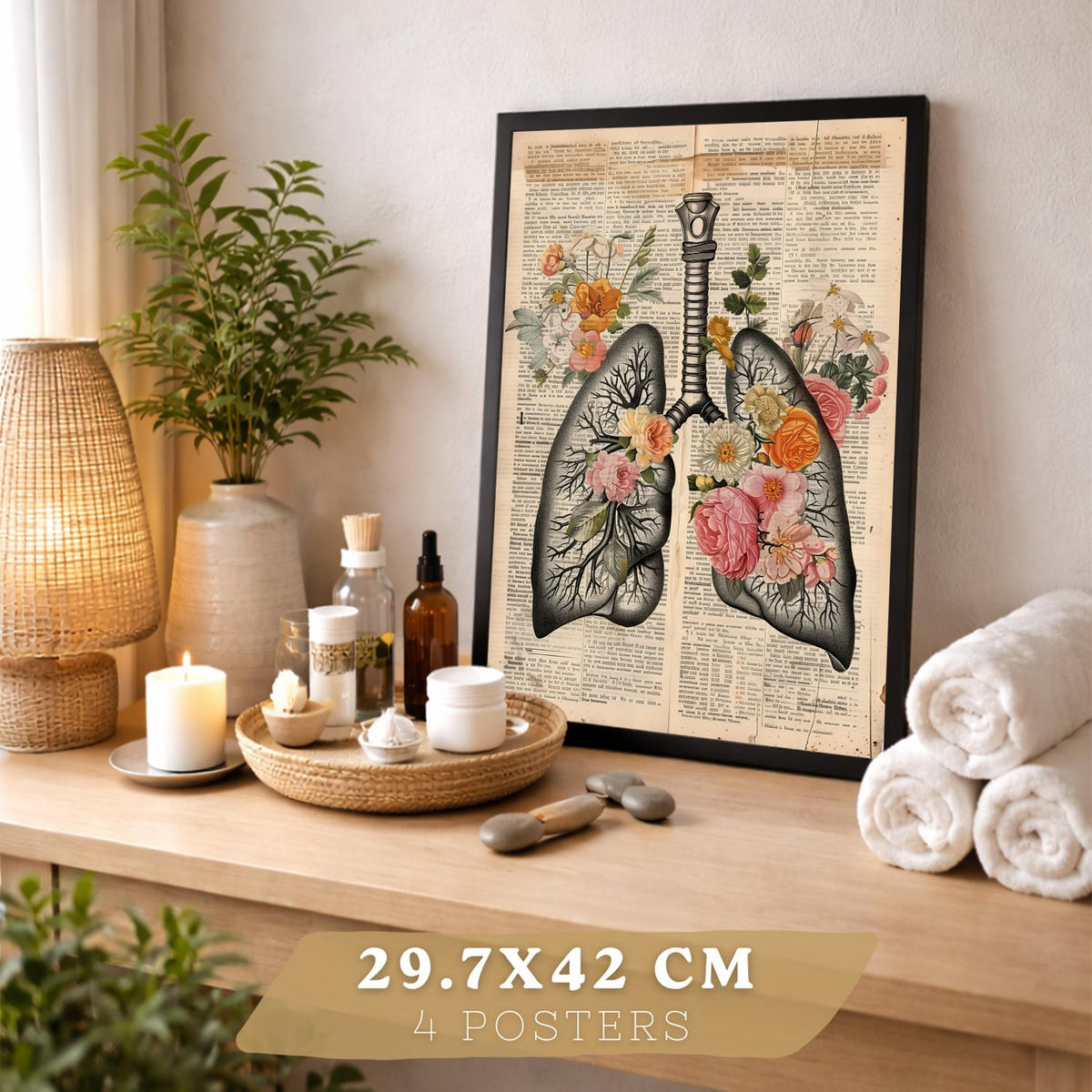 POSTER Set aus 4 Anatomie Drucke und Wandbilder mit Leber Lungen Atmungssystem Skelett Schädel Wirbelsäule Zeitungsstil Größe Schwarzer Rahmen A3 - Schwarz, Papier (29.7/42/3cm) - Nacnic