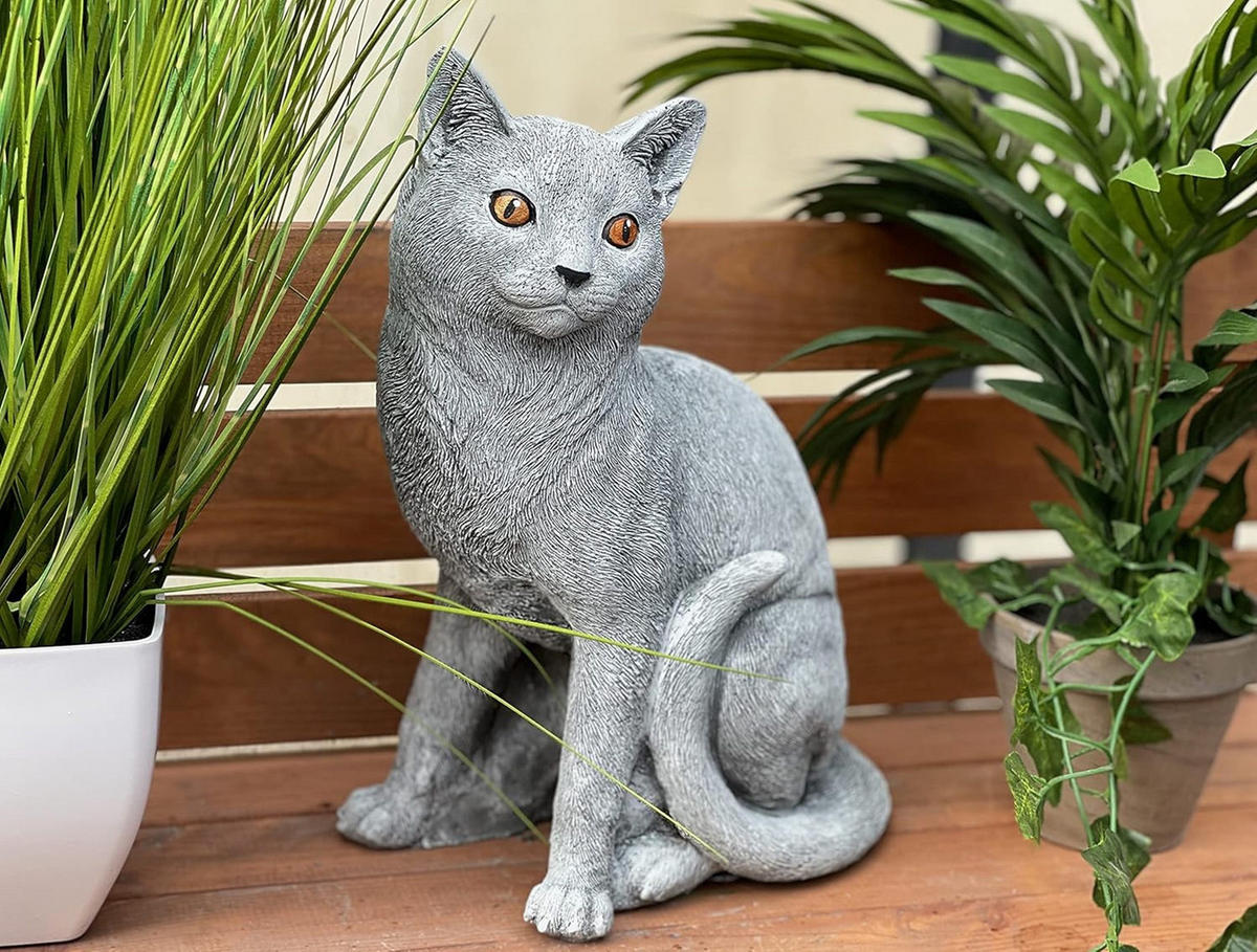 STEINFIGUR sitzende Katze Steinguss frostfest massiv - Grau, Stein (21/32/16cm) - stoneandstyle