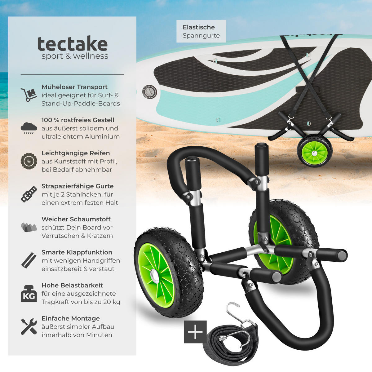SURFBOARD TRANSPORTWAGEN Wavewheel,inkl. 2 Sicherungsgurte, 42 x 70 x 48,5 cm,schwarz/grün - Schwarz/Grün, Metall (42/70cm) - tectake