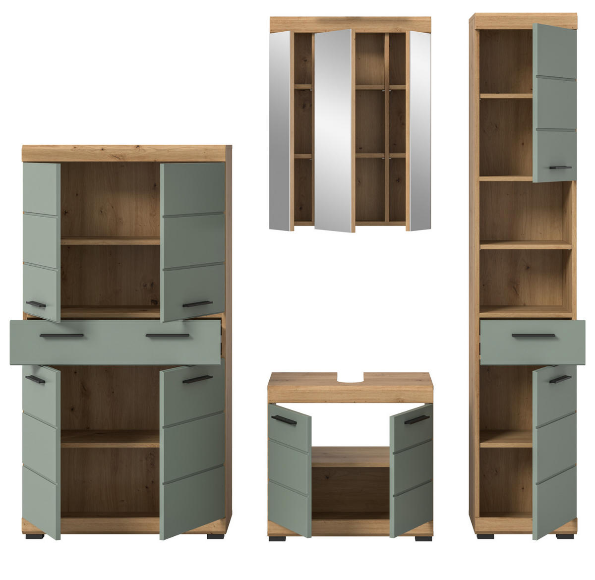 BADMÖBEL-SET Salbei grün, Eiche Artisan 4-teilig 200 cm, Komplettset mit viel Stauraum - Salbeigrün/Schwarz, Glas/Holzwerkstoff (186/191/34cm) - Inn.Furn