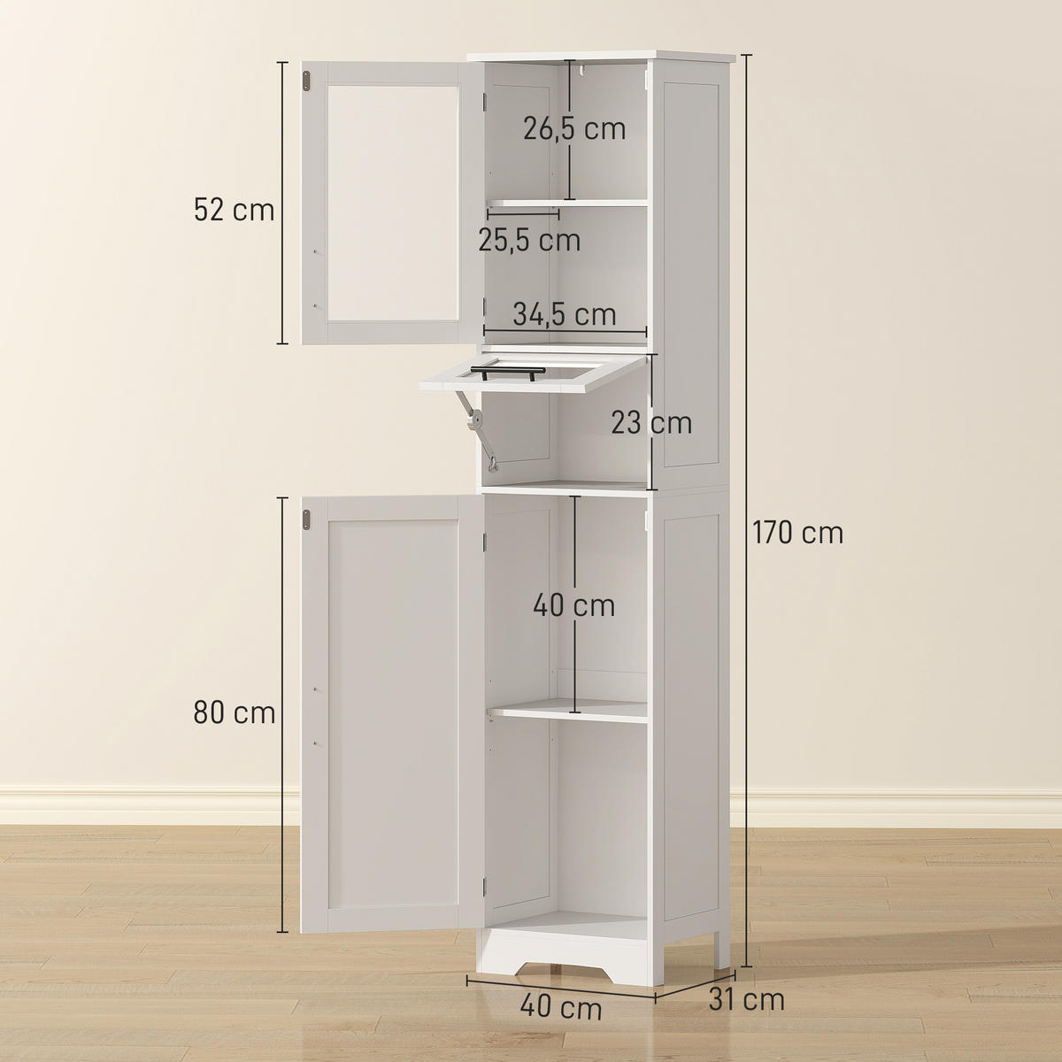 HOCHSCHRANK DE-12515 40/31/170 cm Weiß / Schwarz - Weiß, Holzwerkstoff (31/170/40cm) - ComfortXL