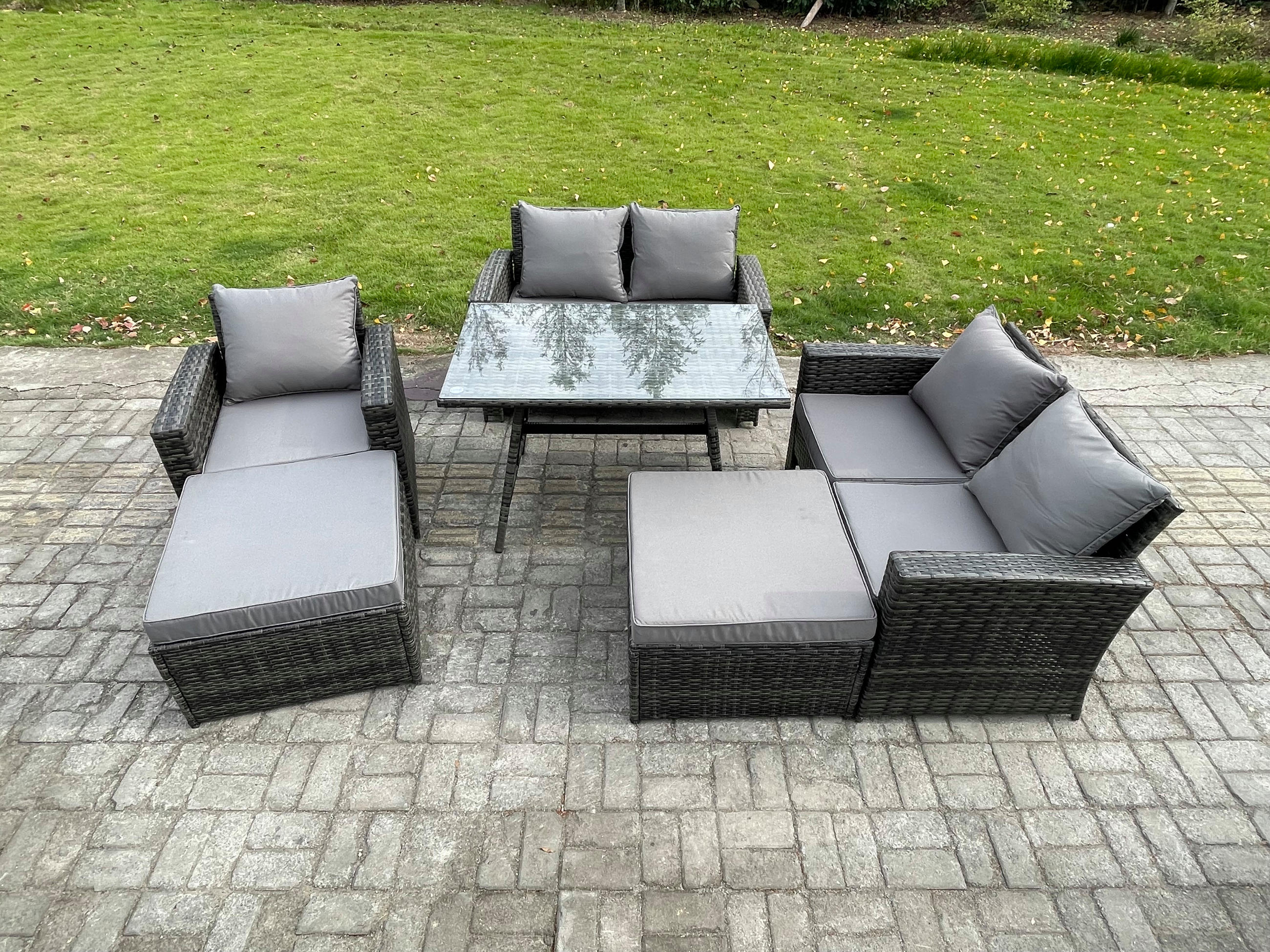 GARTENMÖBELSET mit ESSTISCH,HOCHLEHNER-SOFA Polyrattan Dunkelgrauer Mix 8-Sitzer - Dunkelgrau/Grau, Glas/Kunststoff - Fimous