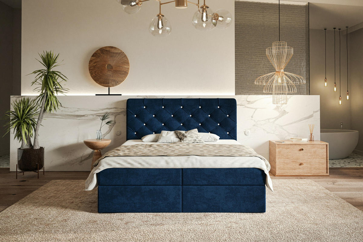 DOPPELBETT mit Matratze 160x200 Polo, Kristallknöpfen, Bettkasten, Blau - Blau, Holz/Textil (160/200cm) - Emporius