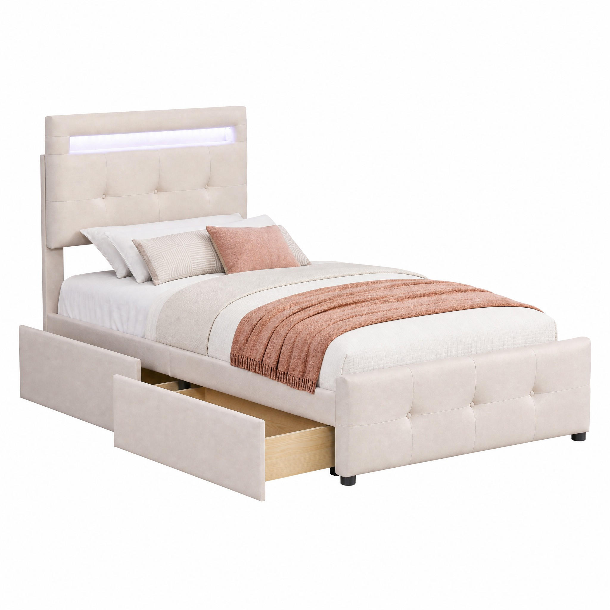 BETT mit LED und 2 Schubladen 210 x 99 cm Beige - Beige, Holz (90/200cm) - Meubliv