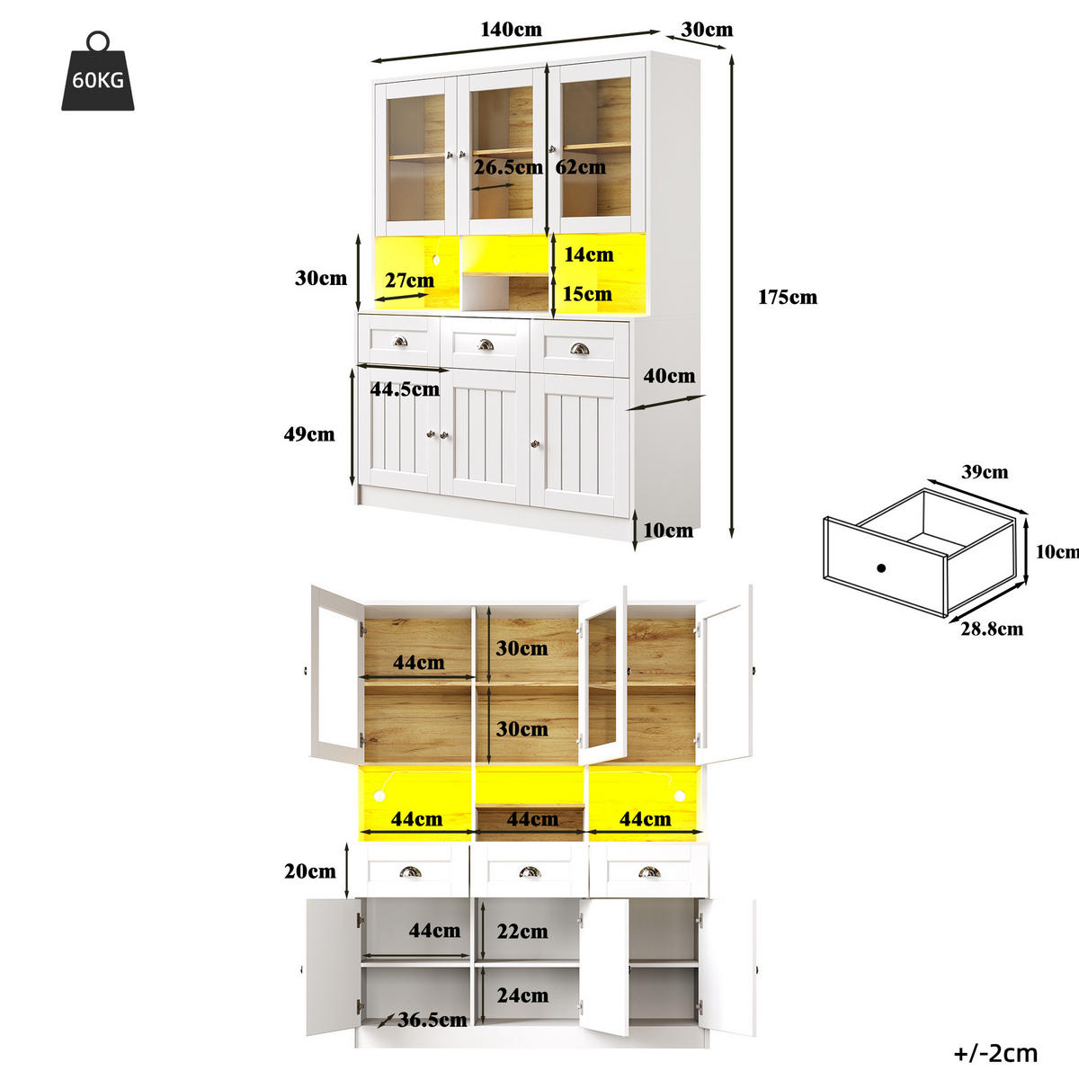 BUFFETSCHRANK 140/40/175 cm mit LED-Beleuchtung und verstellbaren Einlegeböden, Weiß - Weiß, Holzwerkstoff (140/175/40cm) - Redom