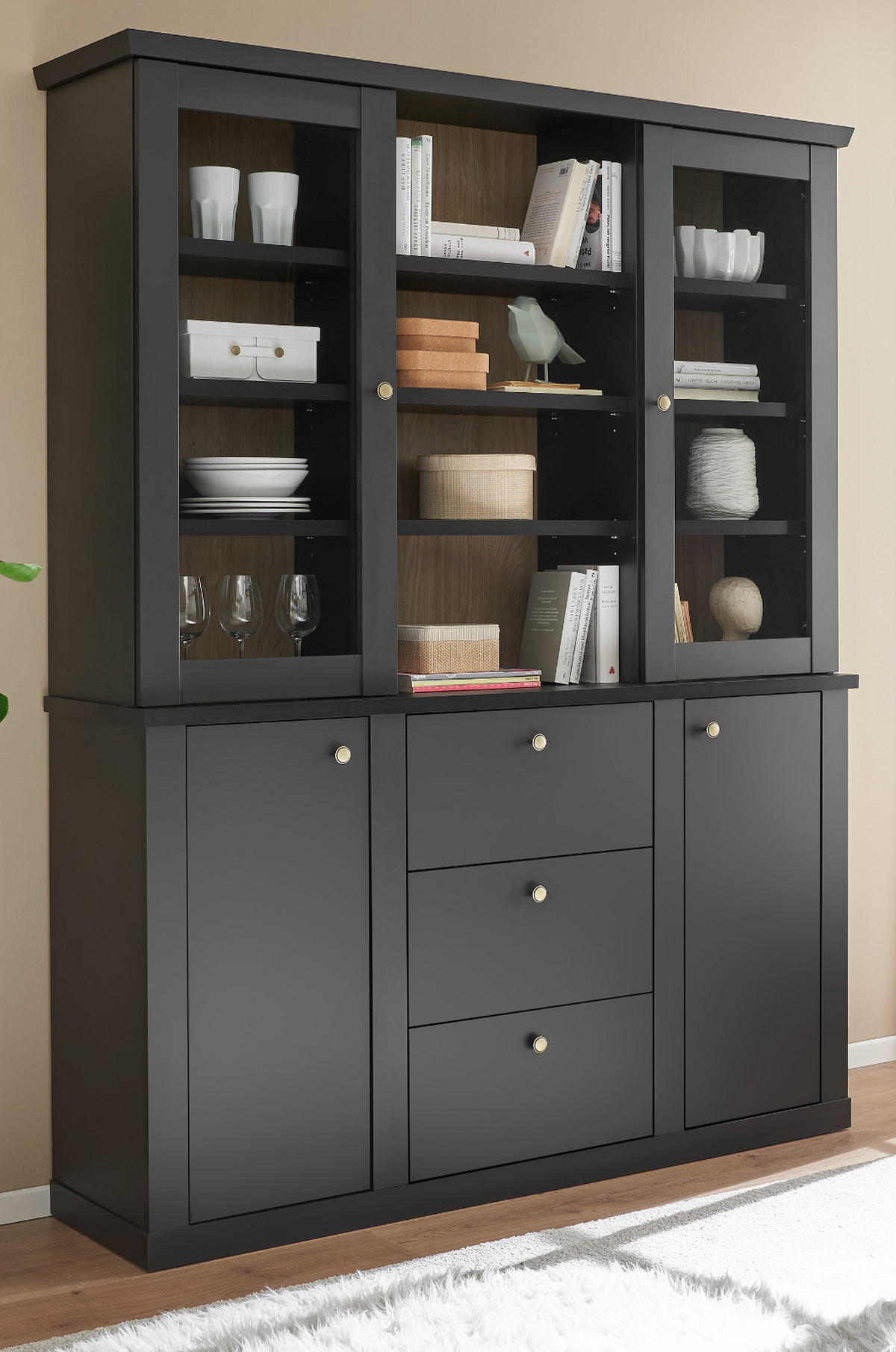BUFFET schwarz matt, Eiche 158 cm, Buffetschrank Landhaus mit Soft-Close - Eichefarben/Messingfarben, Glas/Holzwerkstoff (158/201/42cm) - Furn.Design