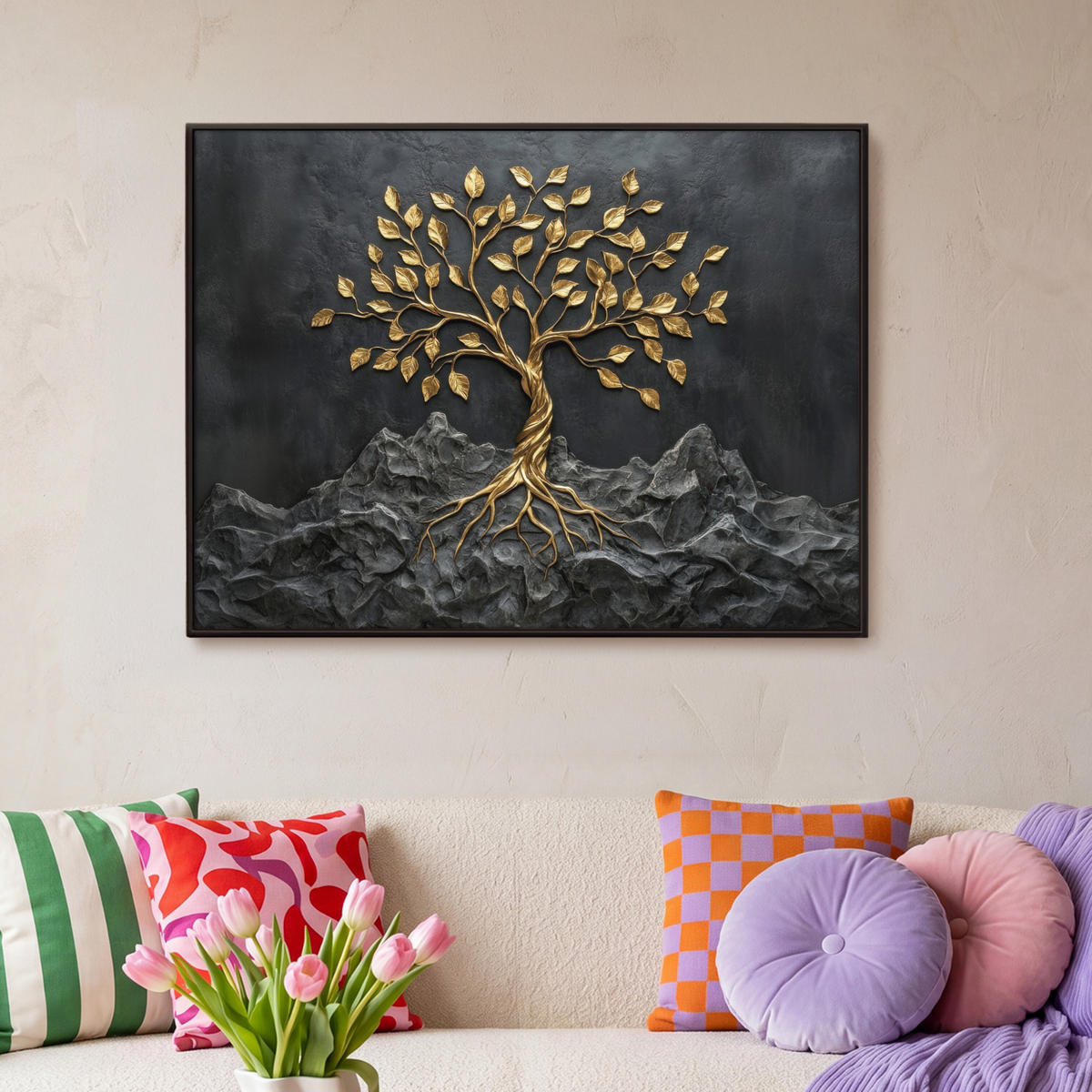 LEINWAND Bilder mit Rahmen - Blätter - Gold - Baum - Fels - 100x70 - Schwarz, Textil (100/70cm) - MuchoWow