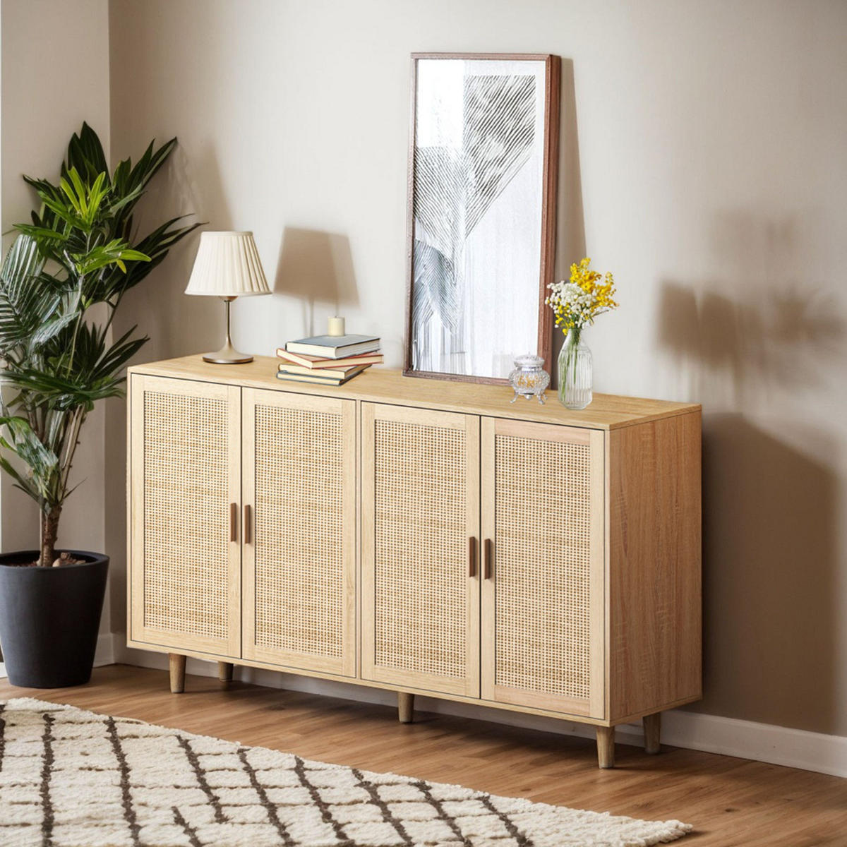 SIDEBOARD Naturfarben, 4 Rattantüren, Holzkonsole - Kastanienfarben, Holz (158/88/40cm)