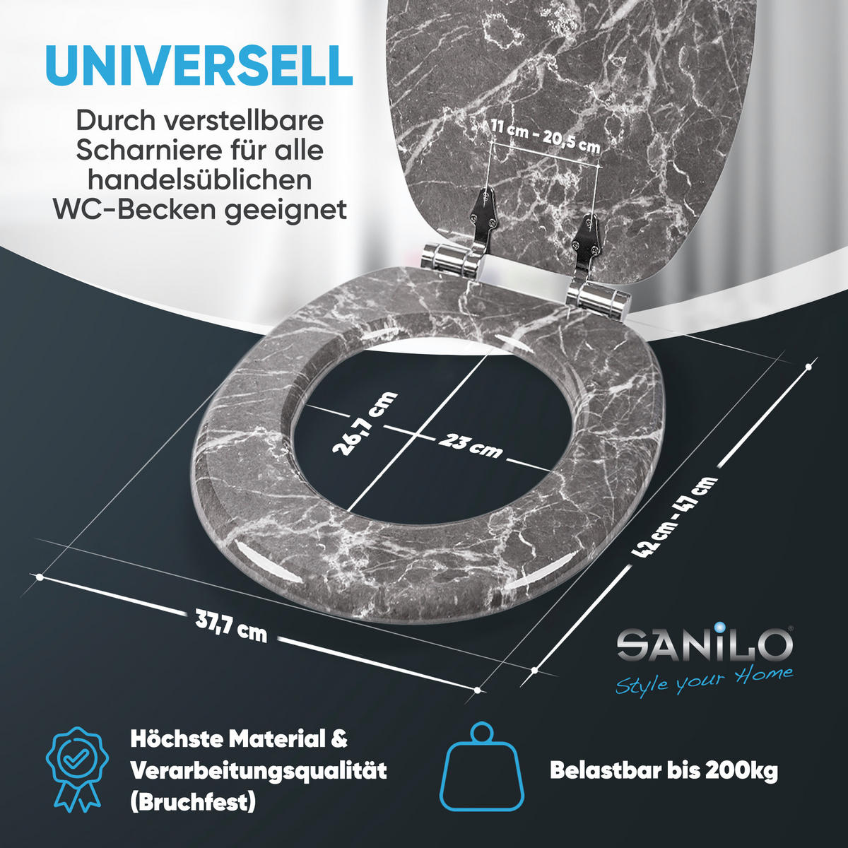 WC-SITZ mit Absenkautomatik Marmor Grau - Grau, Holzwerkstoff (38/6/47cm) - Sanilo