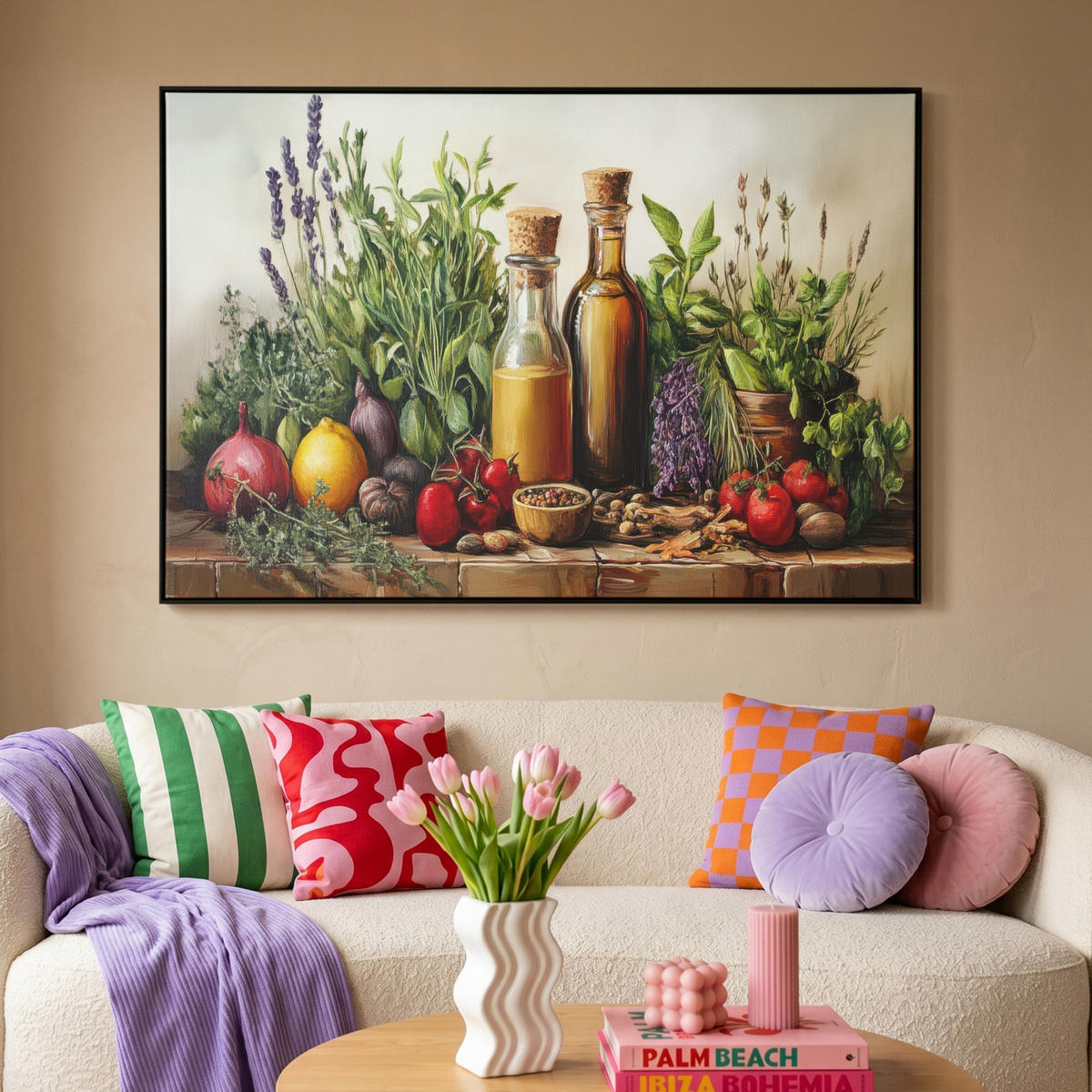 LEINWAND Bilder mit Rahmen - Stilleben - Kräuter - Gewürze - Früchte - Farbenfroh - 120x80 - Grün, Textil (120/80cm) - MuchoWow