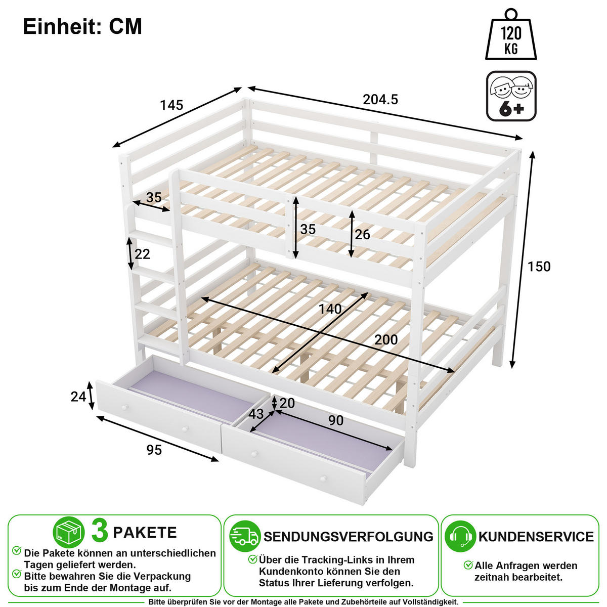 PATROVÁ POSTEL 140/200 cm v bílé barvě se zásuvkou - bílá, dřevo/kompozitní dřevo (140/200cm) - CHICFURN