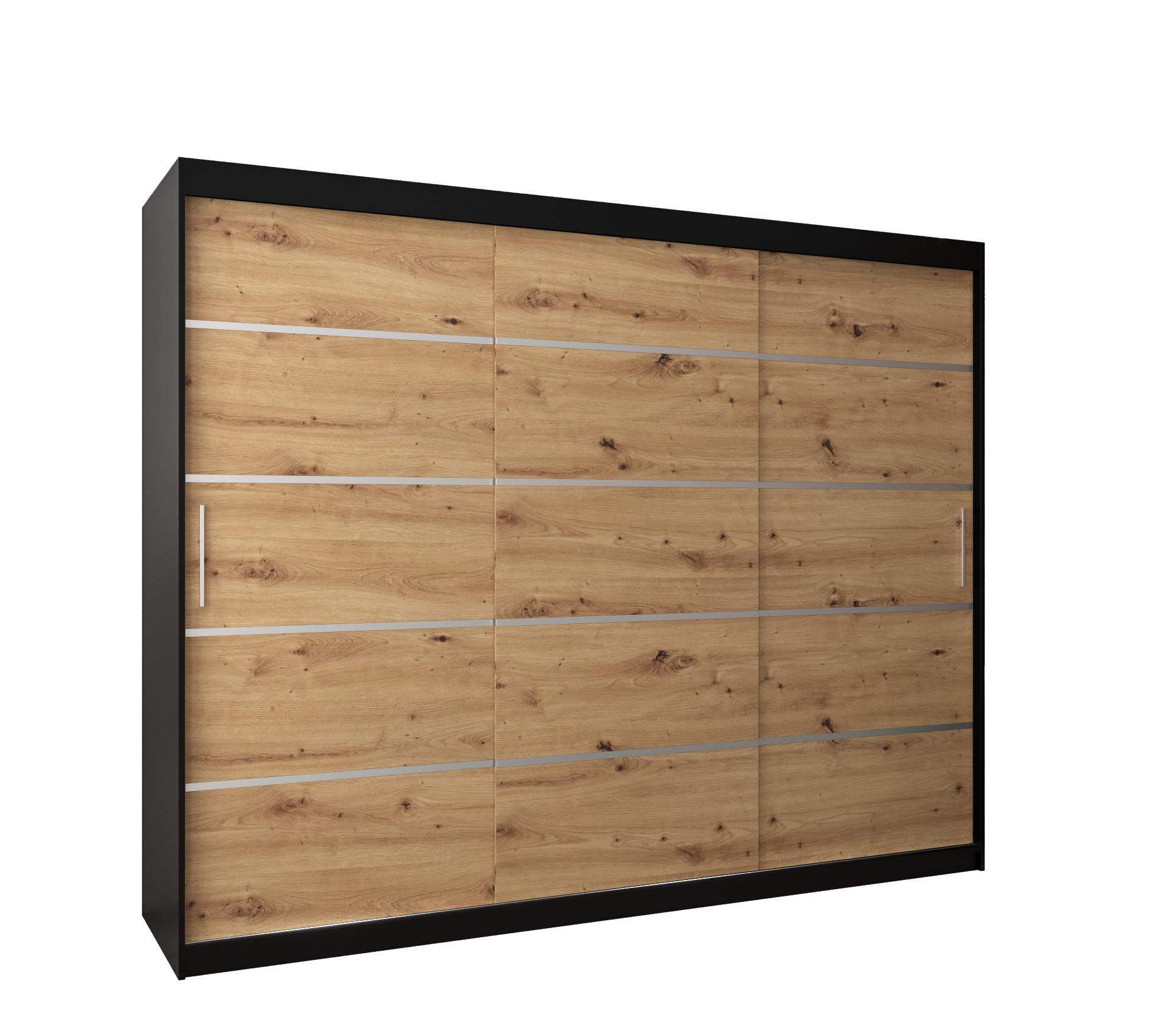Abiks Möbel Schwebetürenschrank Schwarz, Eiche Artisan, Silber 250x200x62 cm