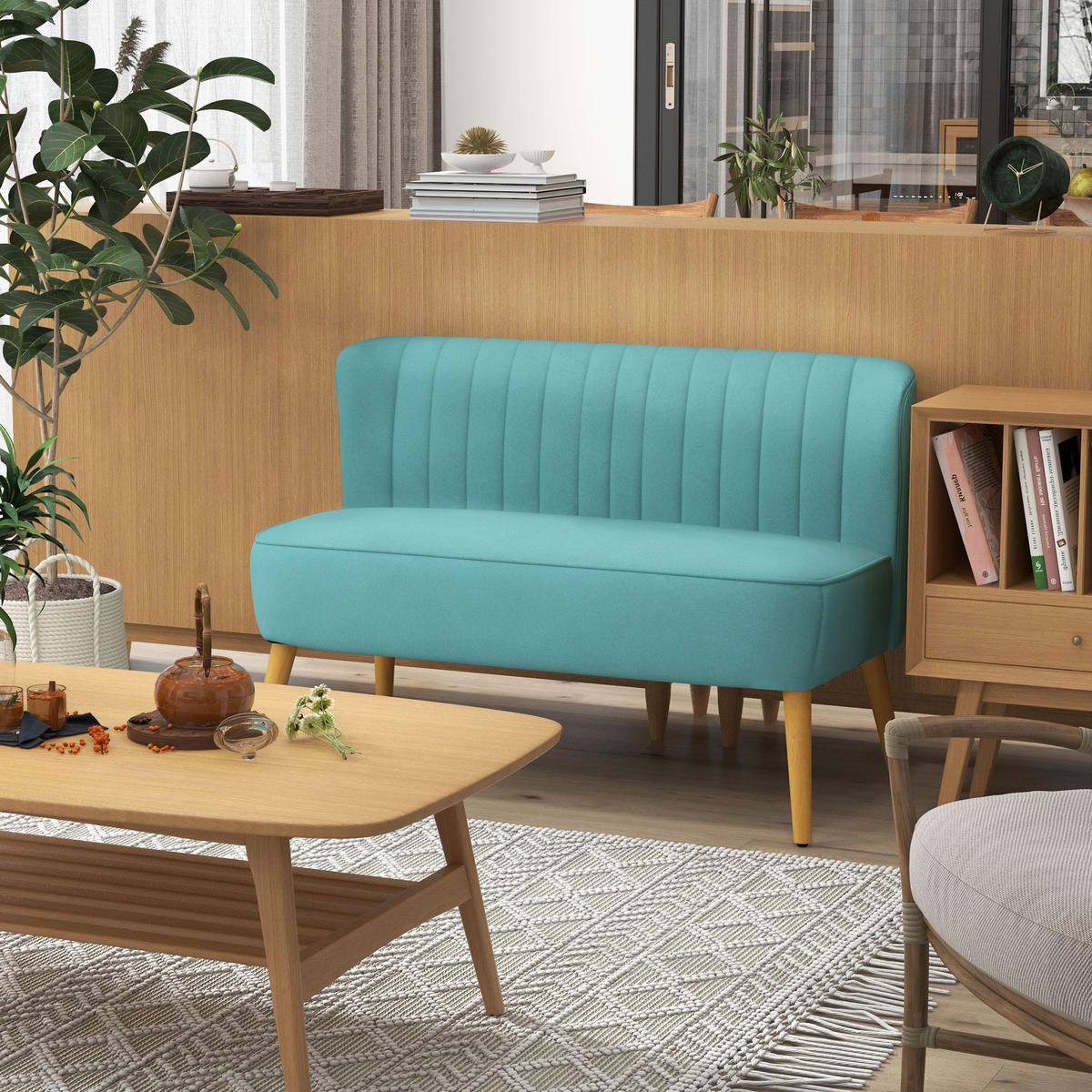 2-SITZER Sofa Zweisitzer, Loveseat mit Leinenoptik, Doppelsofa mit Holzbeine - Hellgrün/Naturfarben, Holz/Textil (56.5/77/117cm) - HOMCOM
