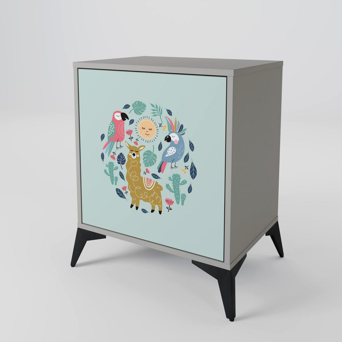 SIDEBOARD COLORFUL ALPACAS, Grau, 57,5x42x77,5 cm, Schräge Buchenholzfüße - Buchefarben/Multicolor, Holzwerkstoff/Buchenholz (57.5/77.5/42cm) - SpaceRebels