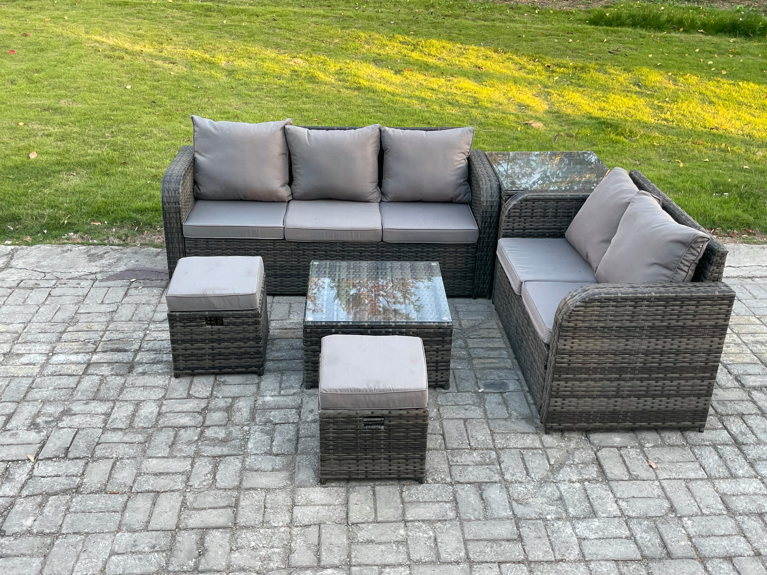 GARTENSOFA SET mit Couchtisch Polyrattan Dunkelgrau 6-teilige - Dunkelgrau/Grau, Glas/Kunststoff - Fimous