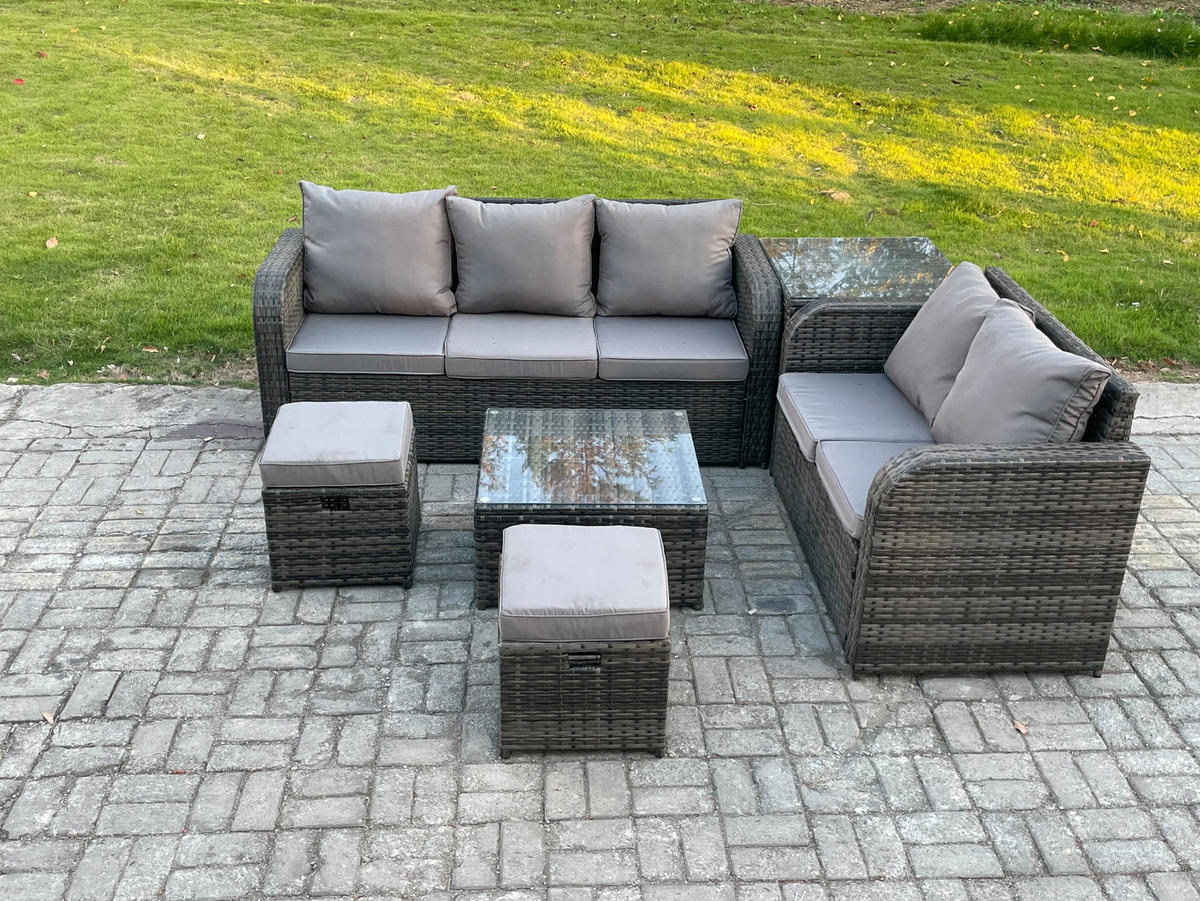 GARTENSOFA SET mit Couchtisch Polyrattan Dunkelgrau 6-teilige - Dunkelgrau/Grau, Glas/Kunststoff - Fimous