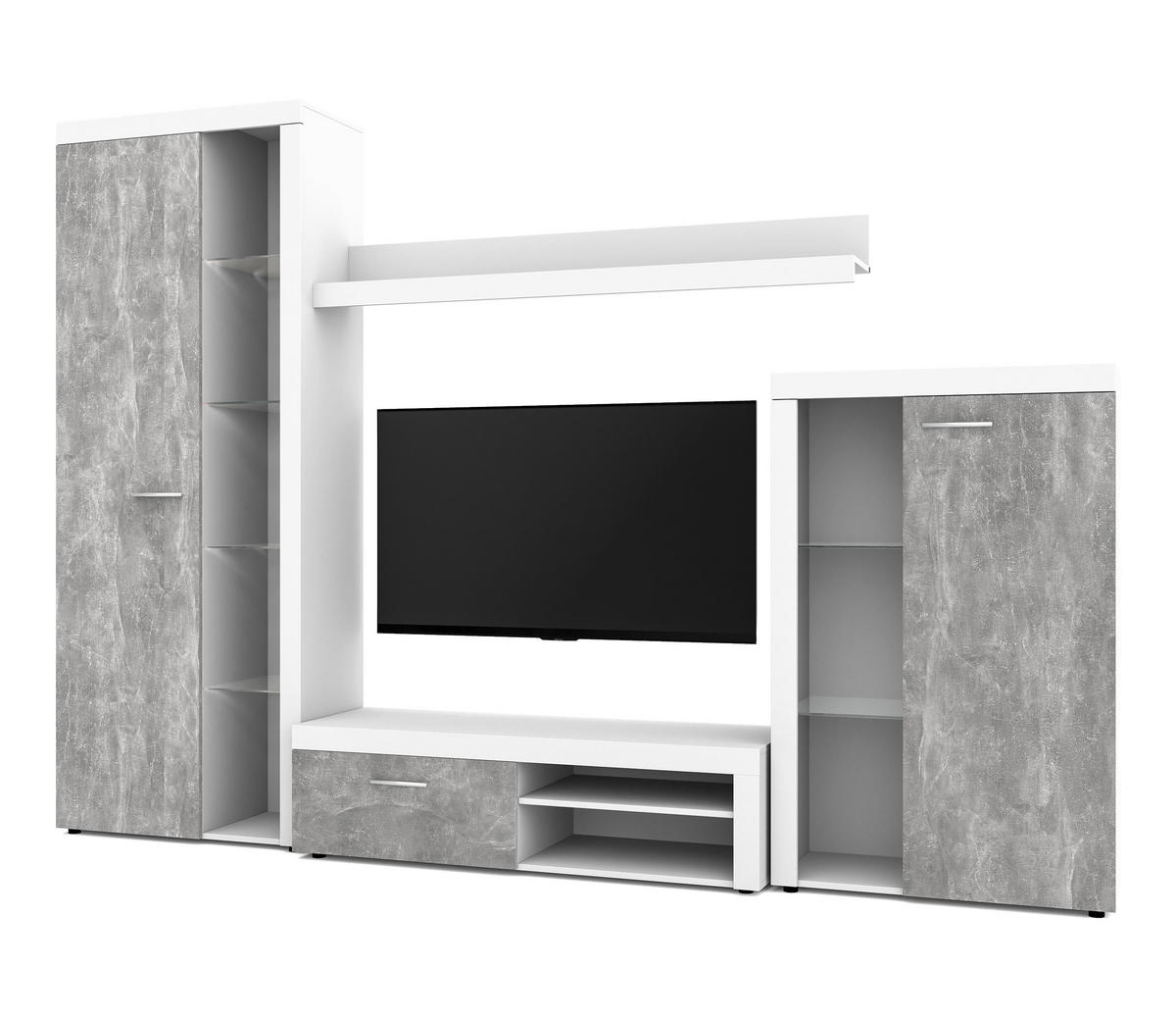 WOHNWAND Spacoro Weiß, Beton 270/190/41 cm Wohnwand Modern ohne LED - Hellgrau/Weiß, Holzwerkstoff/Kunststoff (270/190/41cm) - AX Living