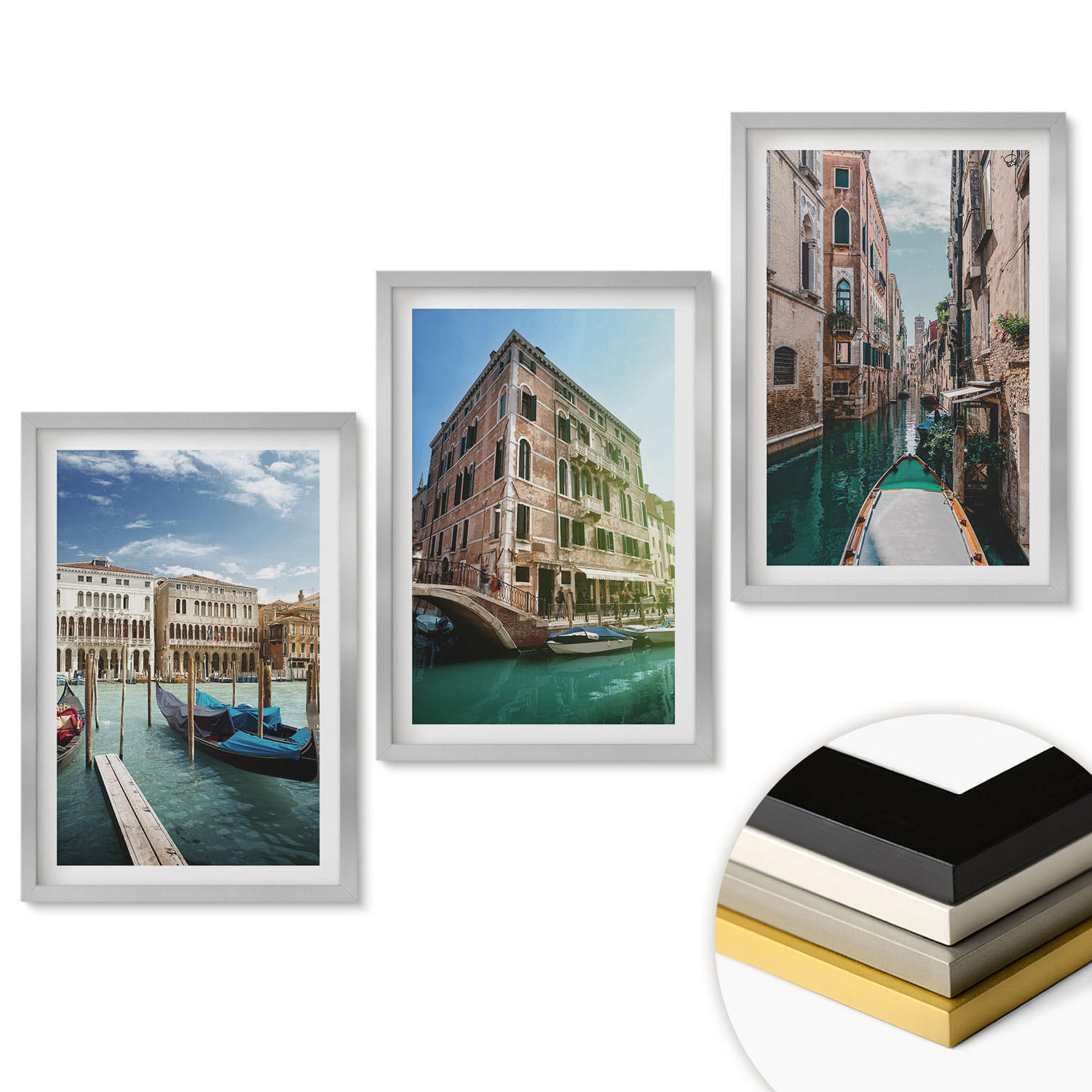 WANDBILDER 3er Set - 40x60 cm Silberner Rahmen - Architektur der Kanäle von Venedig - Silberfarben, Kunststoff (40/60cm) - ArtPrintCave