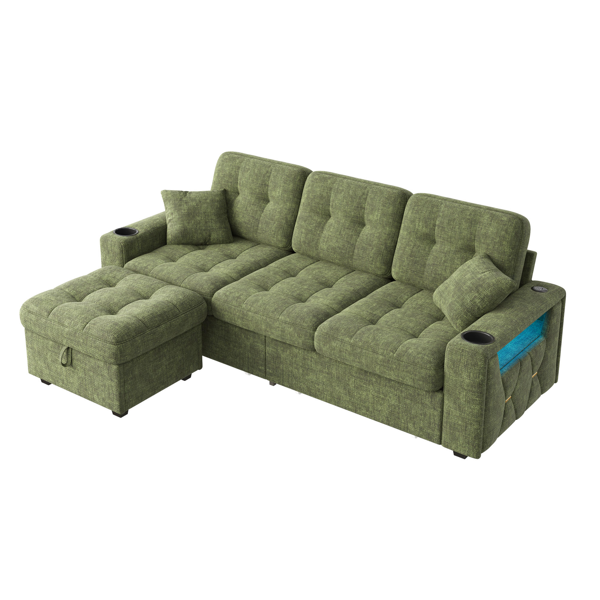 BIGSOFA mit Stauraum-Hocker, USB-C, LED und Getränkehaltern aus Chenille - Grün, Textil (194.5/83/133cm) - EVRYAE