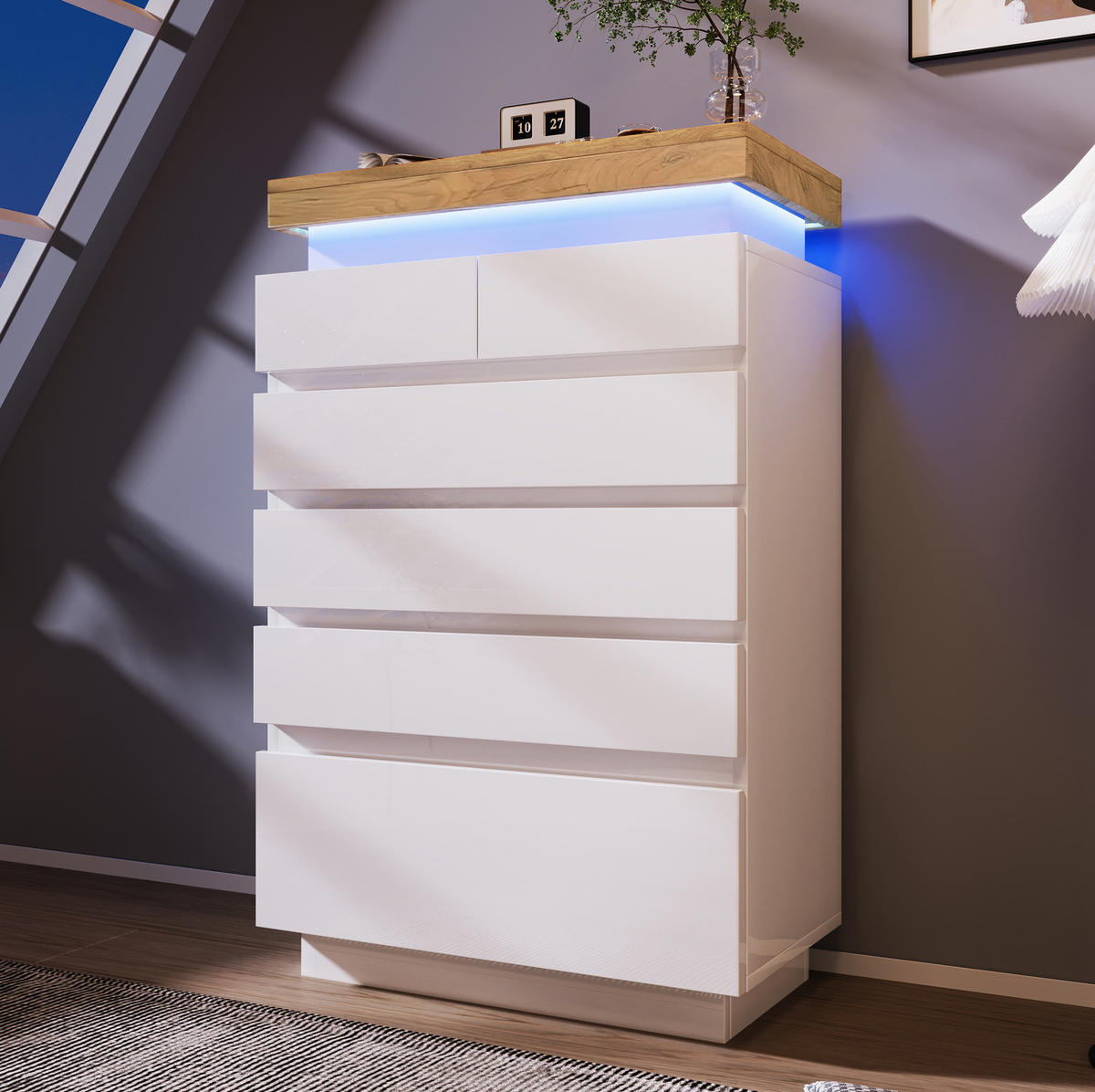 KOMMODE aus Spanplatte und MDF 73x39x115 cm Weiß mit 6 Schubladen und LED-Beleuchtung - Weiß, Holzwerkstoff (73/115/39cm) - IVMEU