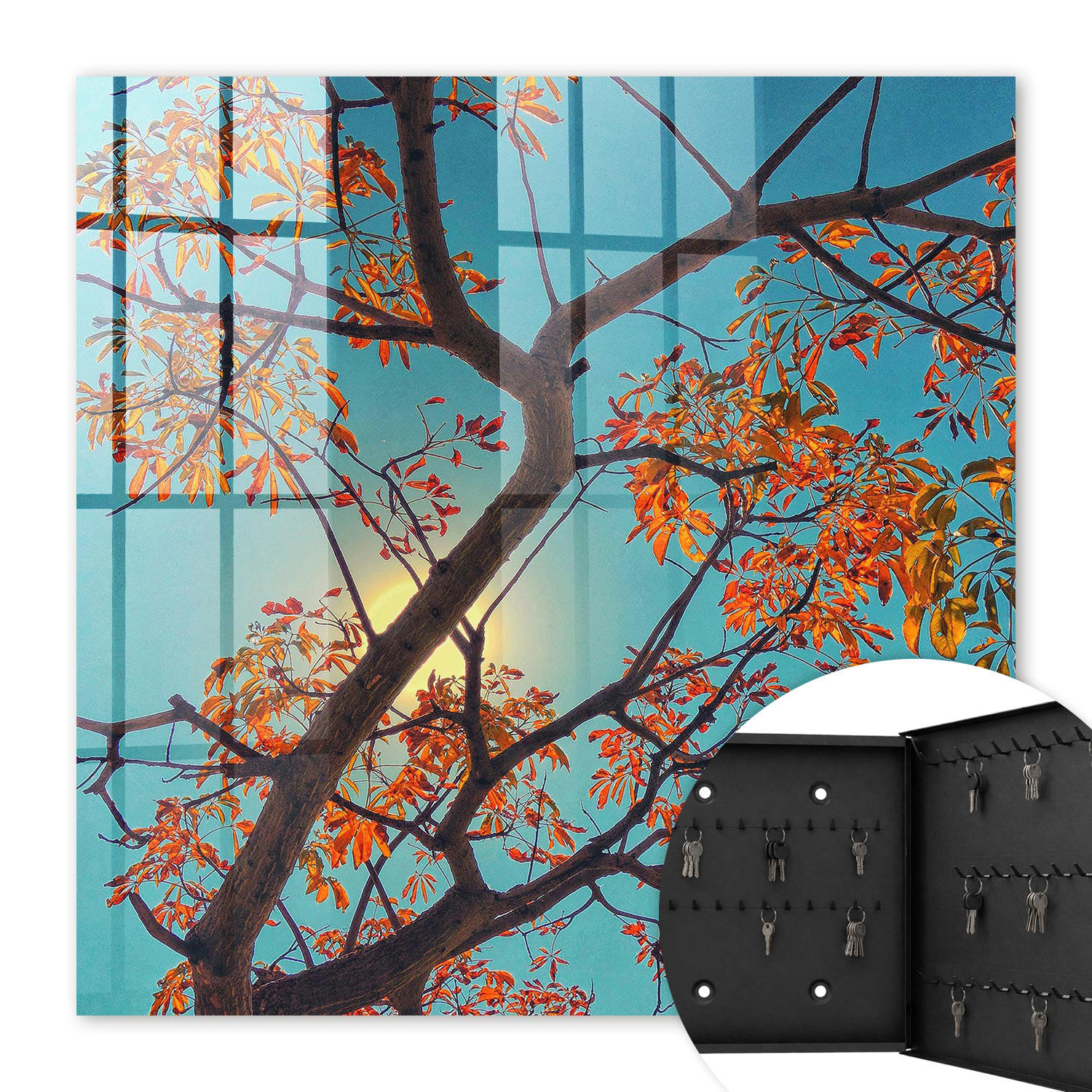 SCHLÜSSELBOX Schwarz 30x30 cm- Türöffnung nach rechts - Herbstbaum - Blau, Metall (30/30/5cm) - TULUP