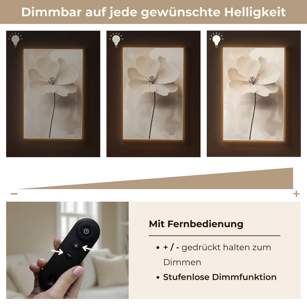 NÁSTĚNNÁ LAMPA S AKUMULÁTOREM Květina - béžová - barva - stín 70x100 cm - béžová, kompozitní dřevo (70/100/8cm) - OnlyWow