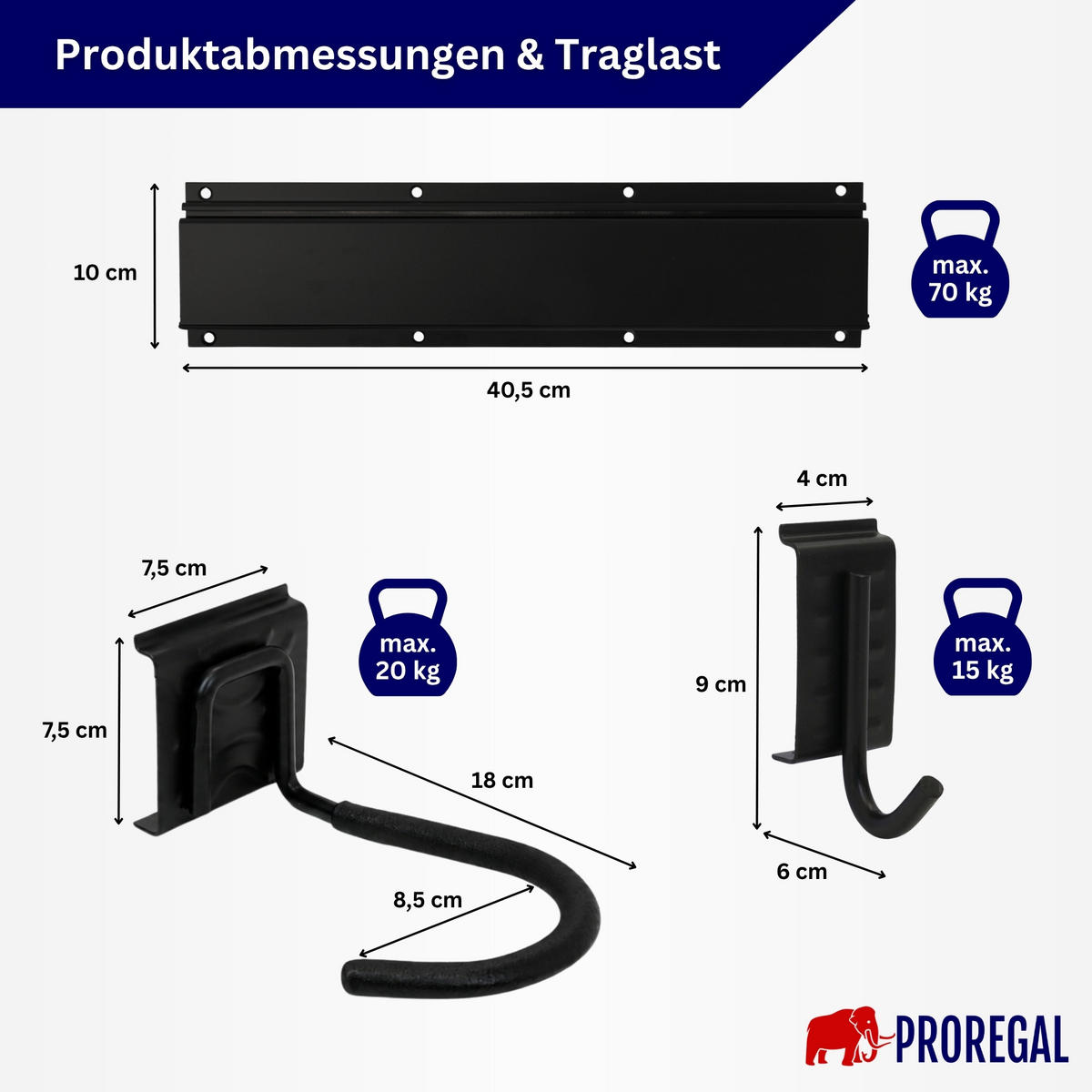 GARAGEN-WANDREGAL FORGE 7-teiliges Set Schwarz Haken Hochbelastbares Werkzeughaken für Garten, Garage - Schwarz, Metall (18/40.5/10cm) - PROREGAL