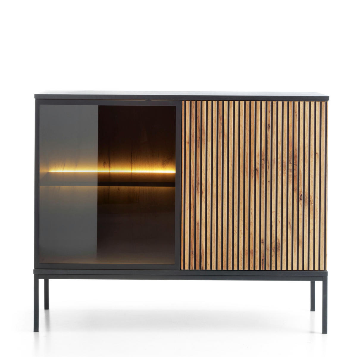 SIDEBOARD Laval K104 LED - Schwarz, Eiche wotan, Dreitürige mit Beleuchtung - Eichefarben/Eiche Wotan, Glas/Holzwerkstoff (104/83/39cm) - Komodee