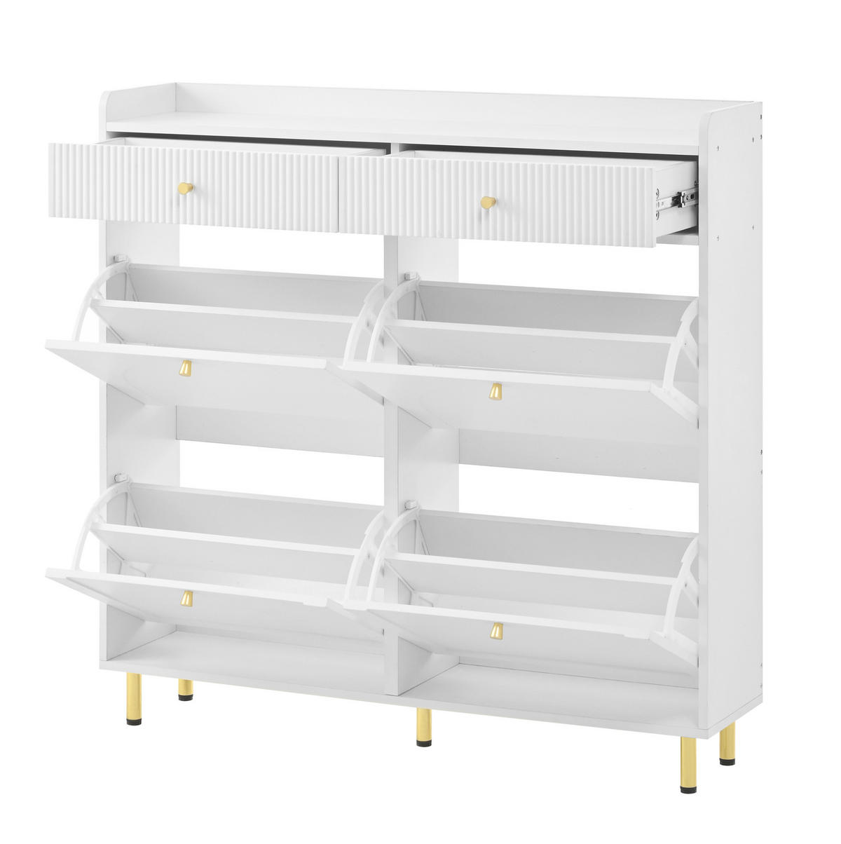 SCHUHSCHRANK 106,5/25/105,5 cm mit 4 Klappen, 2 Schubladen, Kippsicherung und Metallgriffen, MDF/Spanplatte, Weiß - Weiß, Holzwerkstoff (106.5/105.5/25cm) - Redom