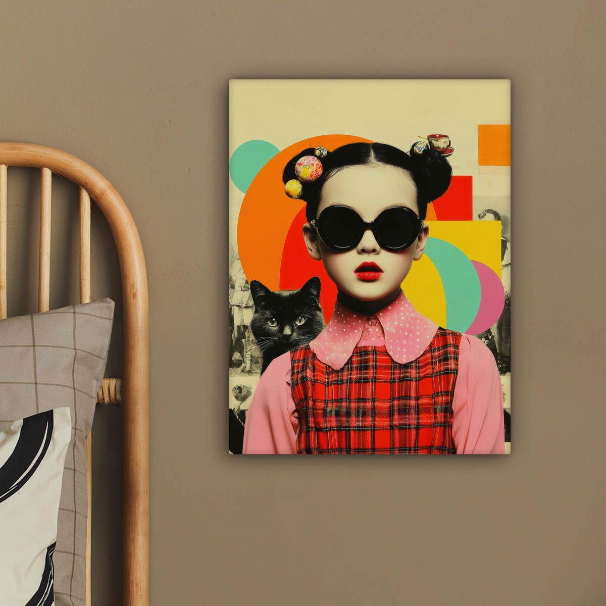 LEINWANDBILD Mädchen - Sonnenbrille - Katze - Retro Room Decor 30x40 cm - Beige, Textil (30/40cm) - MuchoWow