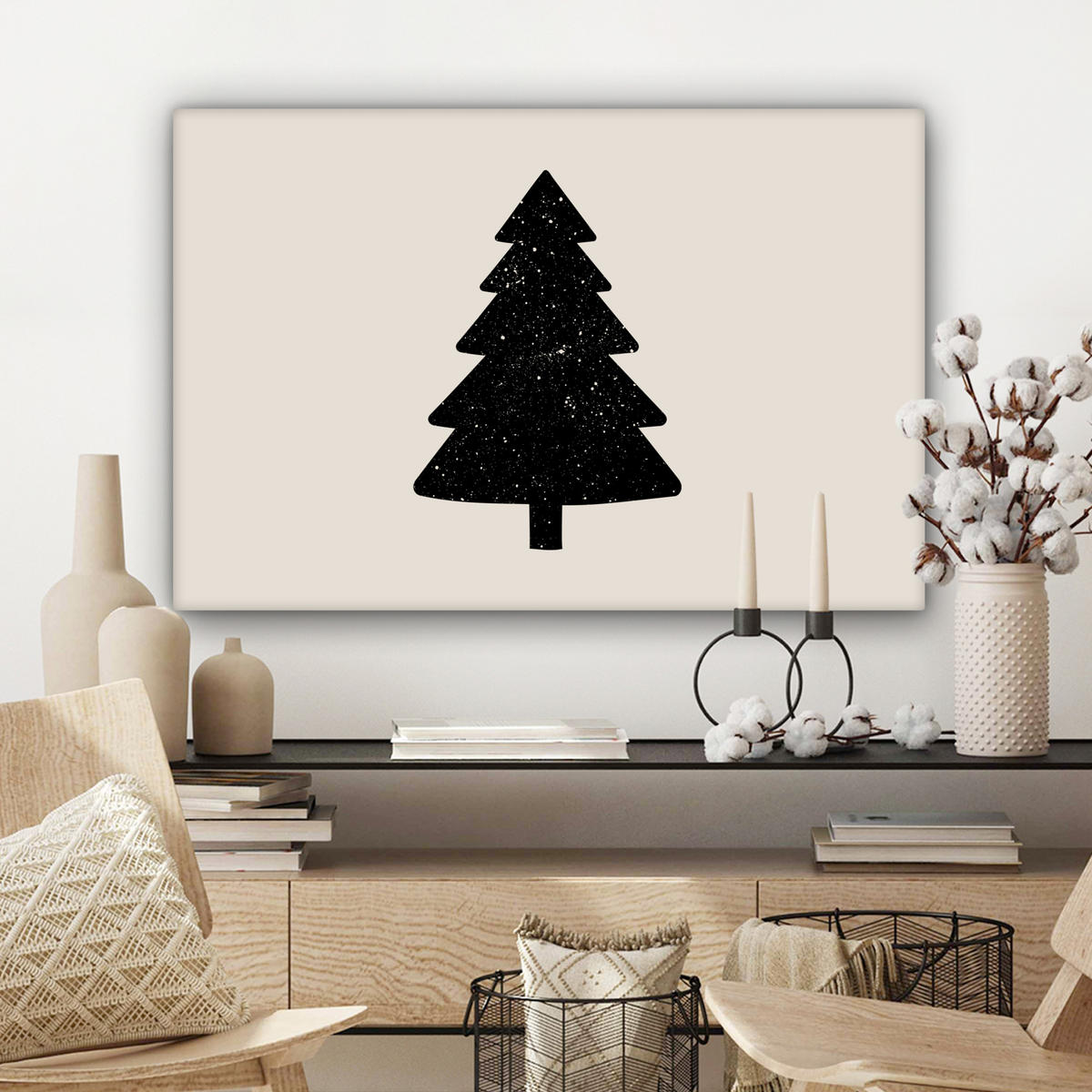 LEINWANDBILD Weihnachtsbaum - Schwarz - Urlaub - Beige Gemälde 60x40 cm - Schwarz, Textil (60/40cm) - MuchoWow