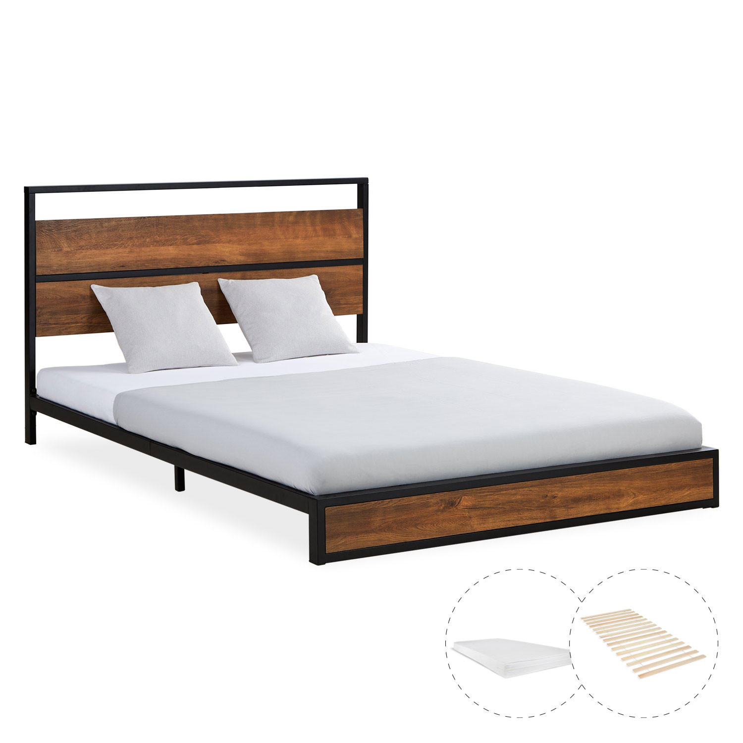 METALLBETT 140/200 cm in Schwarz mit Lattenrost und Matratze - Braun, Holz/Metall (140/200cm) - Homestyle4u