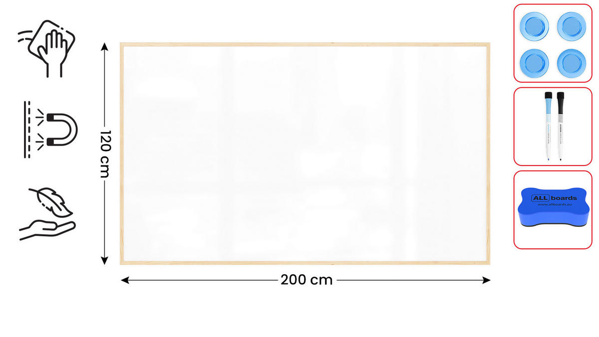 MAGNETISCHES Whiteboard mit Naturholzrahmen 200x120cm - Weiß, Metall (200/120/1.8cm) - ALLboards