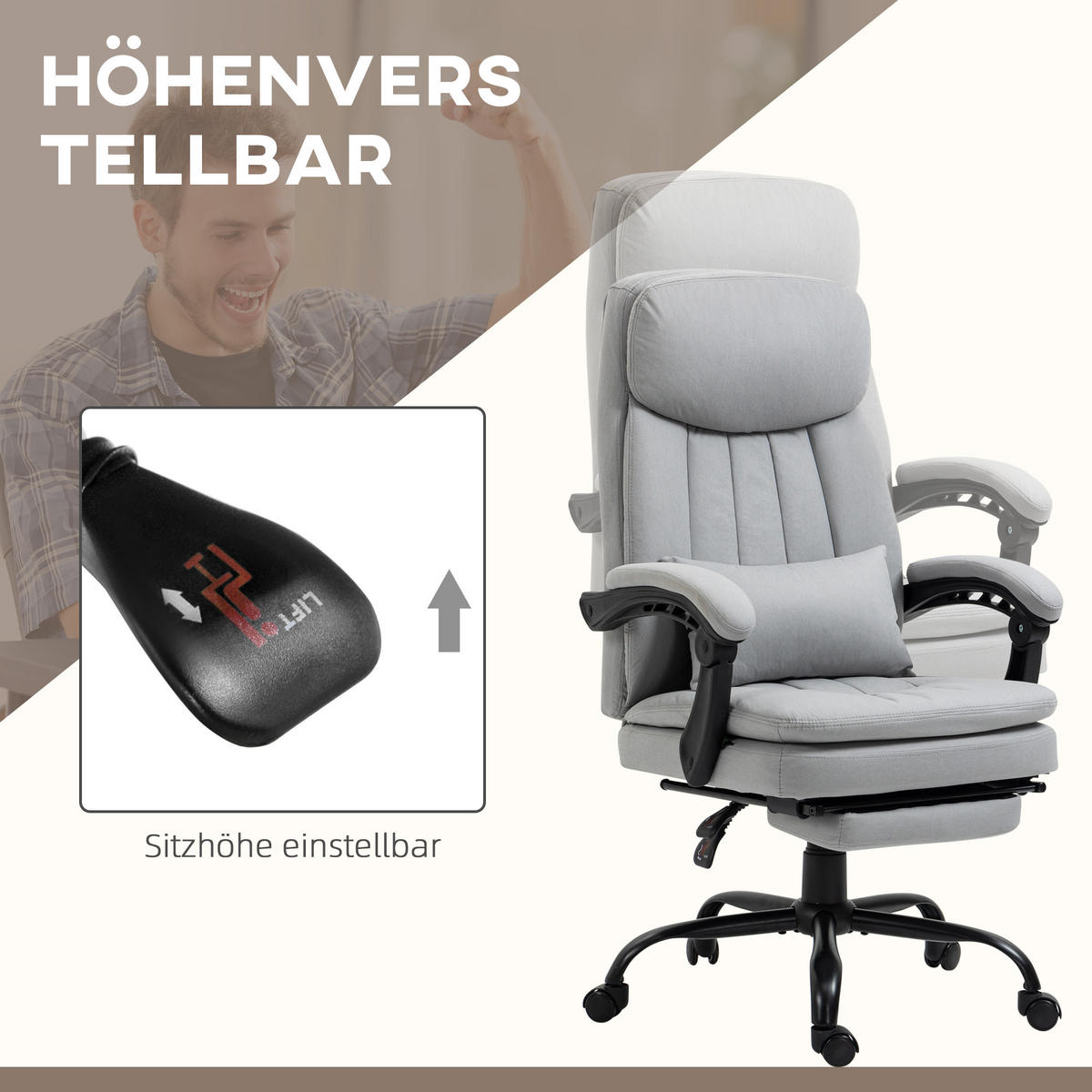 MASSAGE-BÜROSTUHL, Polyester, Stahl, Grau - Grau, Kunststoff/Metall (67/118/66cm) - Vinsetto