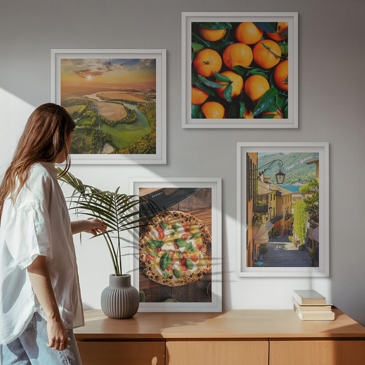 WANDBILDER 4er-Set - 50x50 cm & 40x60 cm Weißer Rahmen - Italienische Flüsse, Hügel, Straße - Weiß, Kunststoff (50/50cm) - ArtPrintCave