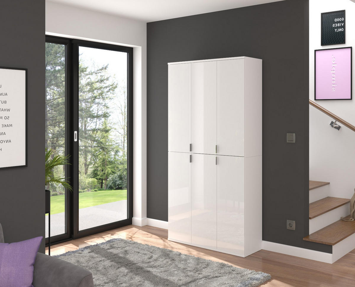 SCHUHSCHRANK weiß Hochglanz 91 cm, Garderobenschrank 6 Türen, 15 Fächer - Weiß Hochglanz/Silberfarben, Holzwerkstoff/Kunststoff (91/193/34cm) - Inn.Furn