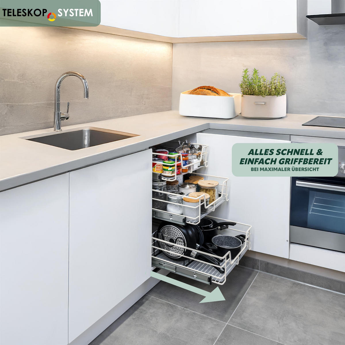 TELESKOPSCHUBLADE 60 cm Breite, mit Einlegeboden, Küchenschublade, cremeweiß - Creme, Metall (57/15/44cm) - bremermann