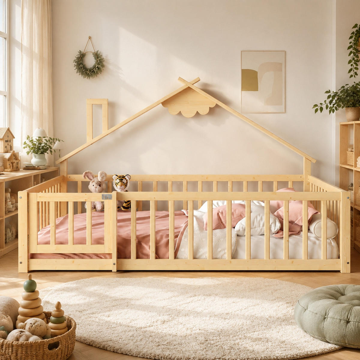 KINDERBETT 140/190 mit Hausleiste und Geländer mit Schloss in Natur - Naturfarben, Holzwerkstoff (140/190cm) - EVRYAE
