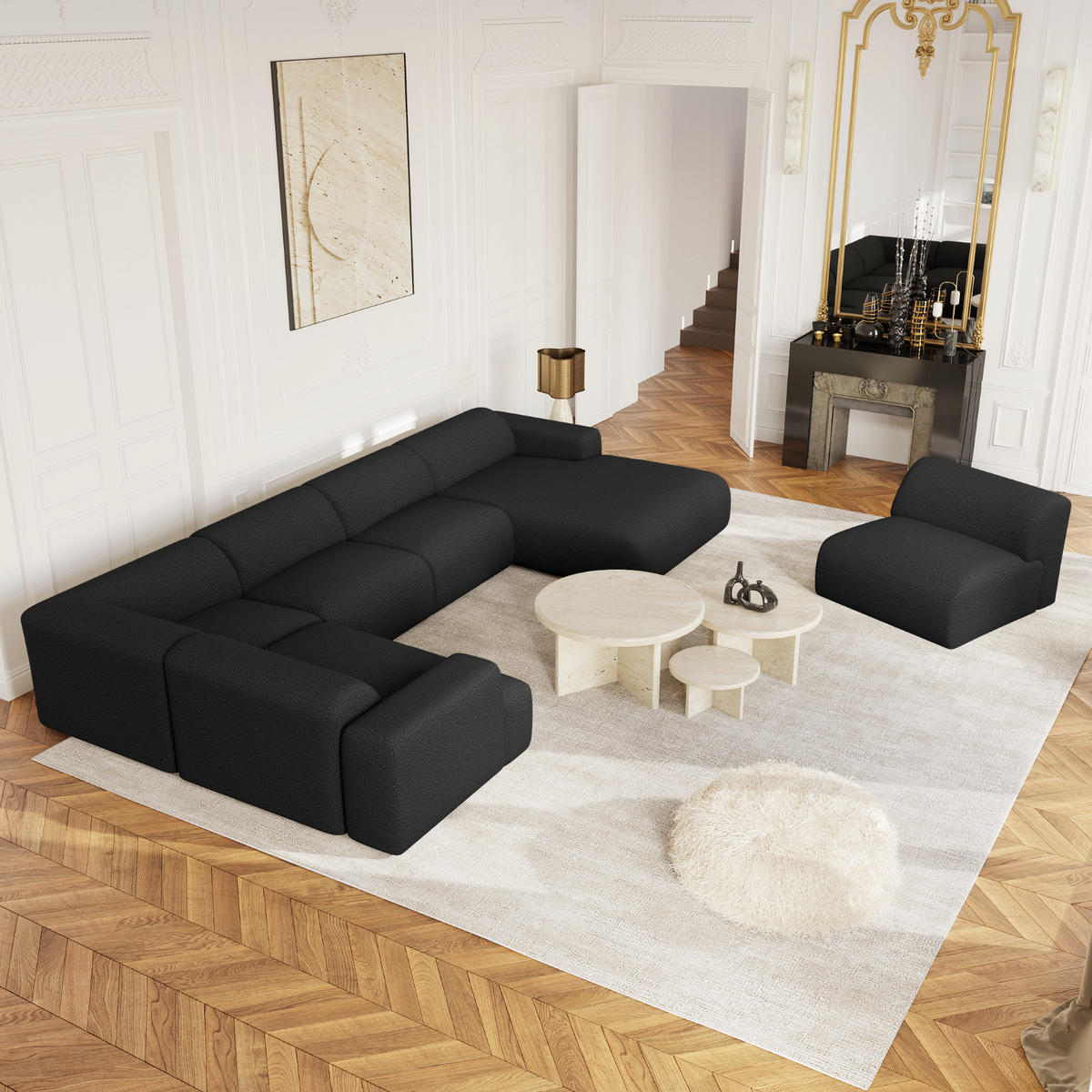 WOHNLANDSCHAFT Bouclé-Stoff Schwarz 354cm - Anthrazit, Textil (354/73/164cm) - Sia Home