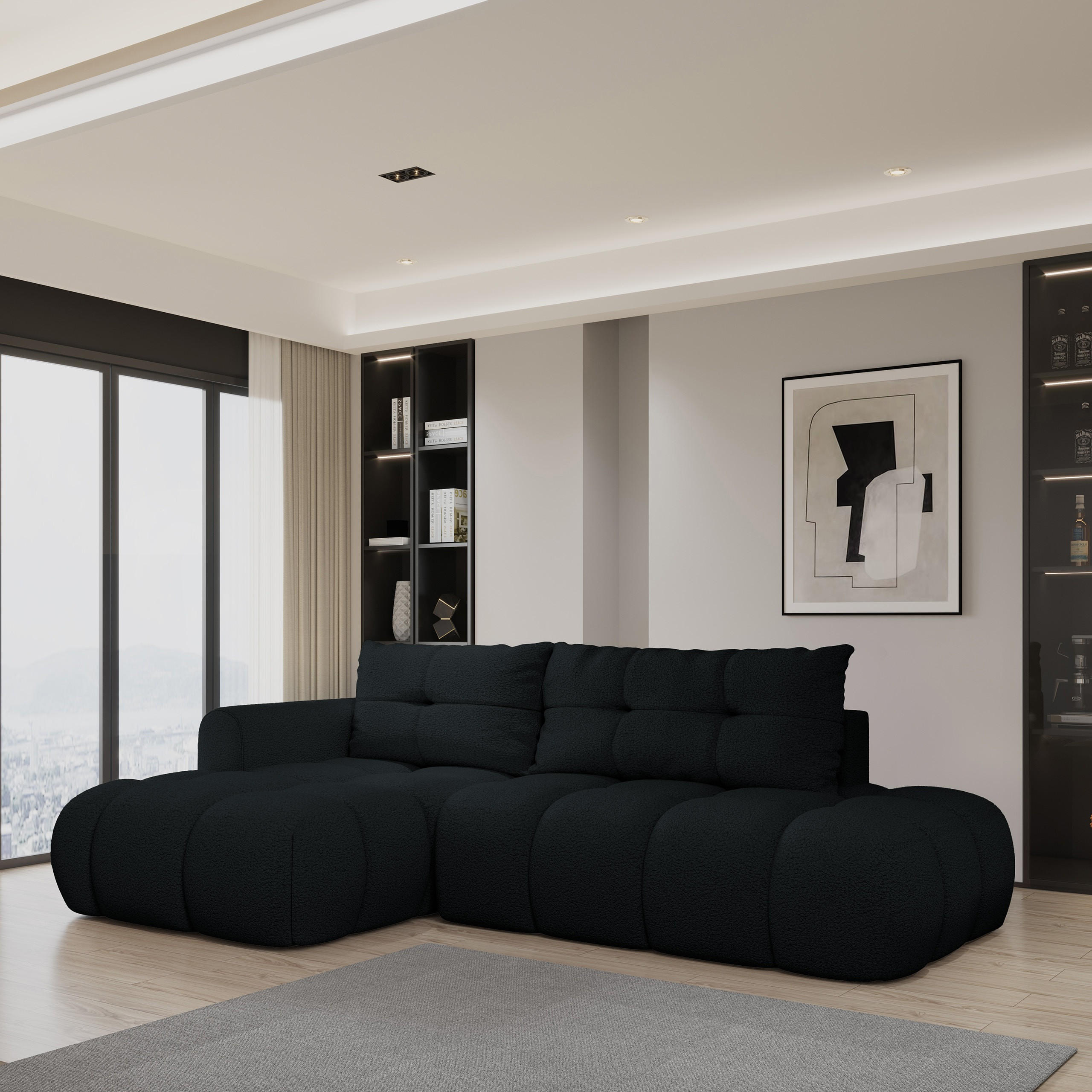 ECKSOFA FLUMA L-S Schwarz Boucle-Stoff mit Schlaffunktion - Schwarz, Holz (274/165cm) - MASSENO