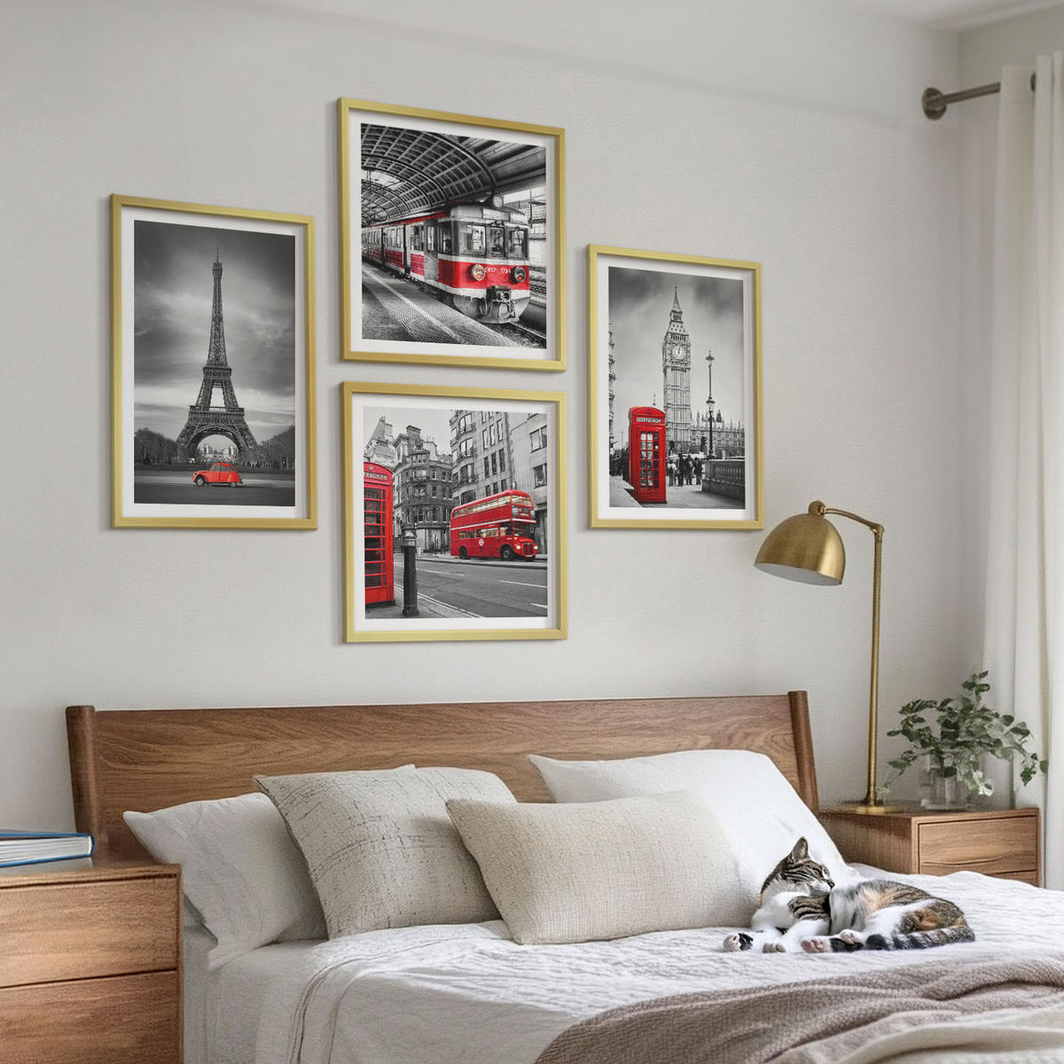 WANDBILDER 4er Set - 50x50 cm & 40x60 cm Goldrahmen - Rote Busse in der Stadt - Goldfarben, Kunststoff (50/50cm) - ArtPrintCave