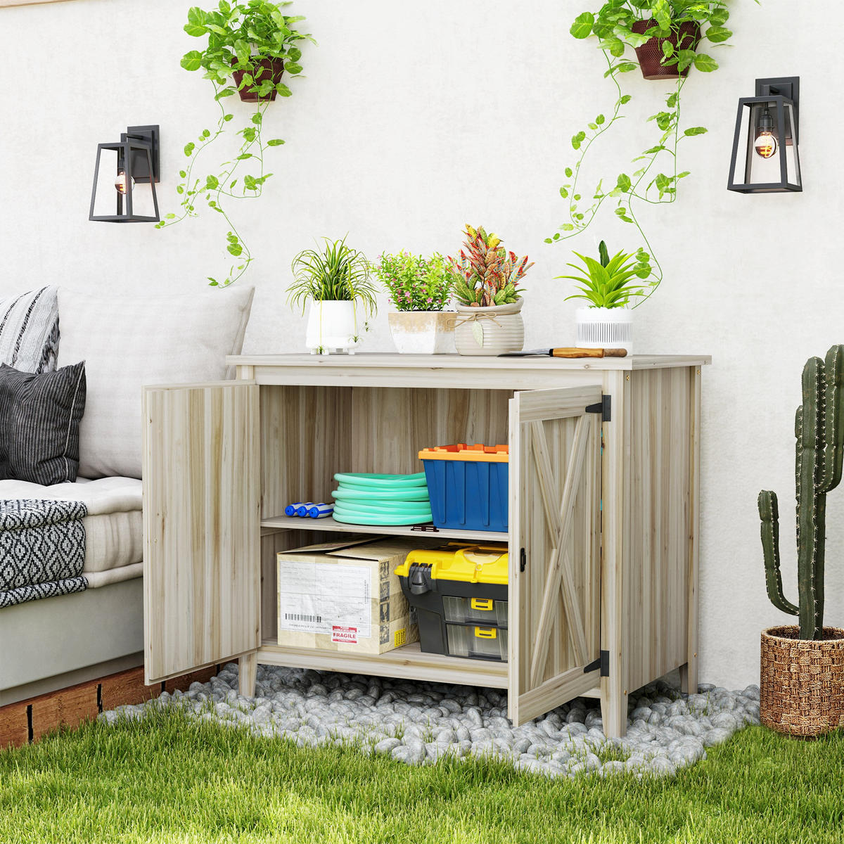 GERÄTESCHUPPEN DE-17607 2 Scheunentüren mit Arbeitsplatte Naturholz - Naturfarben, Holz (110/88.5/60cm) - ComfortXL
