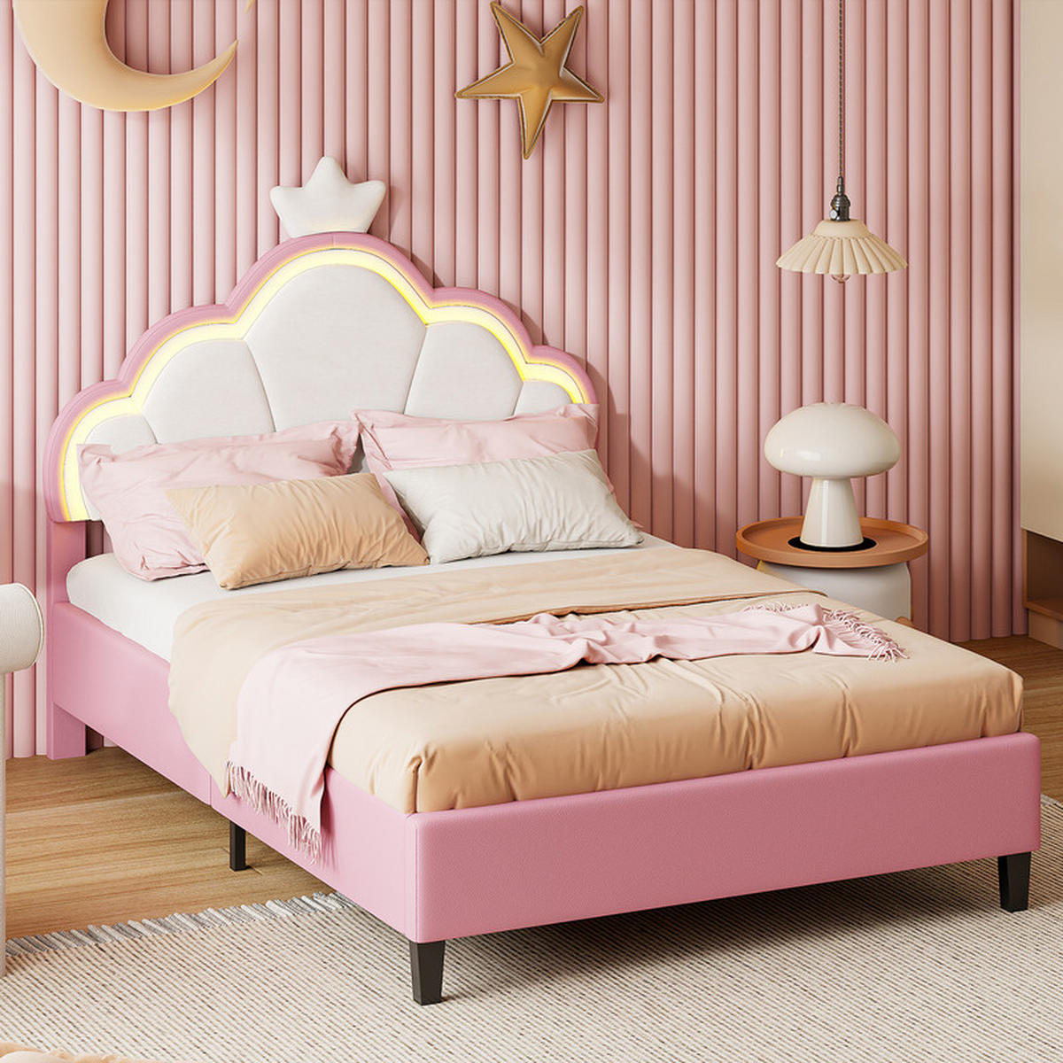 KINDERBETT 140x200cm, Samt, Rosa, Mädchenbett, mit LED-Lichtleiste, ohne Matratze - Rosa, Holz (140/200cm) - WoodenAura