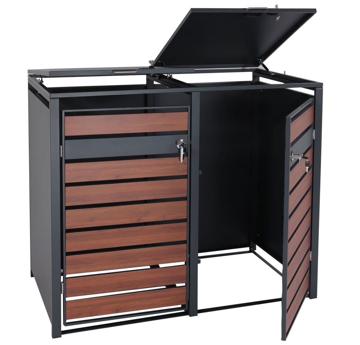 MÜLLTONNENBOX 2er 117x132x80cm Anthrazit Kirsche-Holzoptik Dunkelbraun - Kirschbaumfarben, Metall (132/117/80cm) - PROREGAL