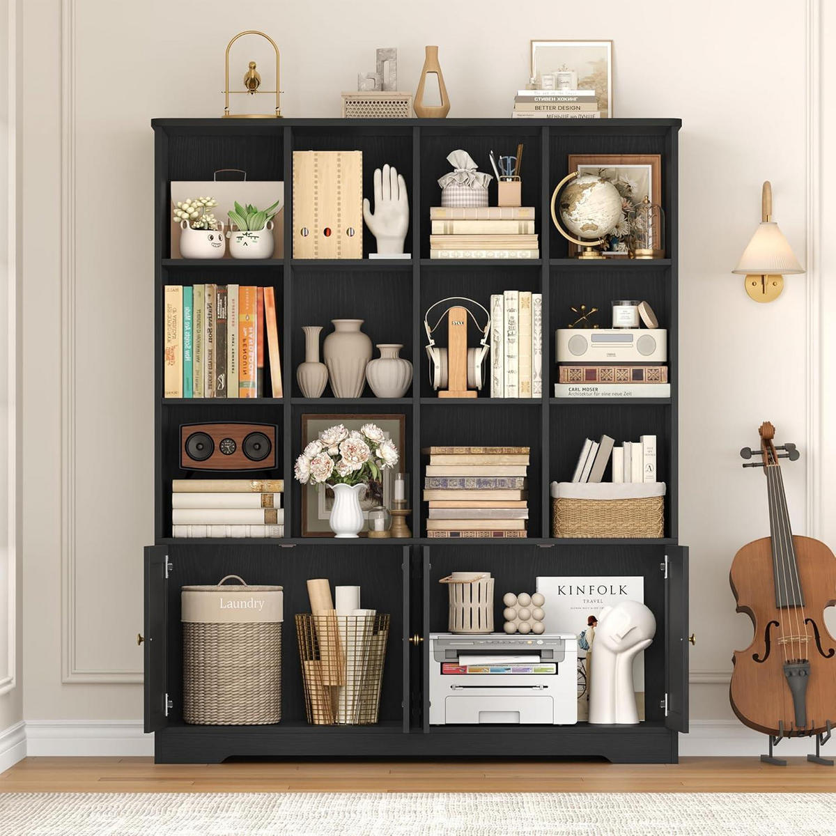 BÜCHERREGAL mit Türen Schwarz 144,8 x 29,8 x 121 cm - Schwarz, Holzwerkstoff (121/144.8/29.8cm)