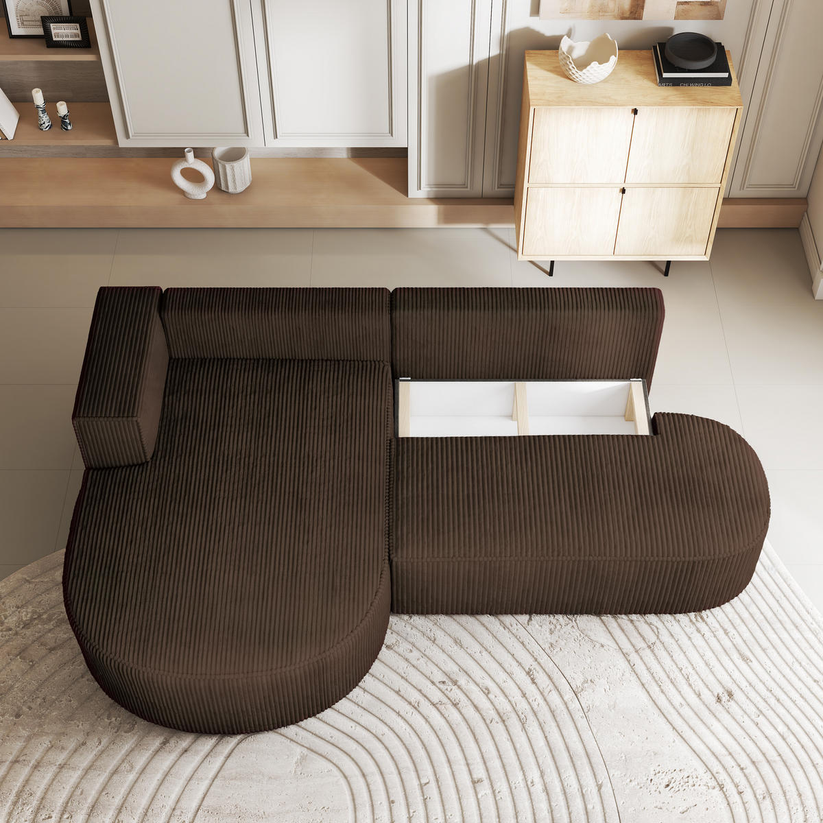 ECKSOFA CORTIO P L-S Braun Kordstoff mit Schlaffunktion - Braun, Holz (265/174cm) - MASSENO