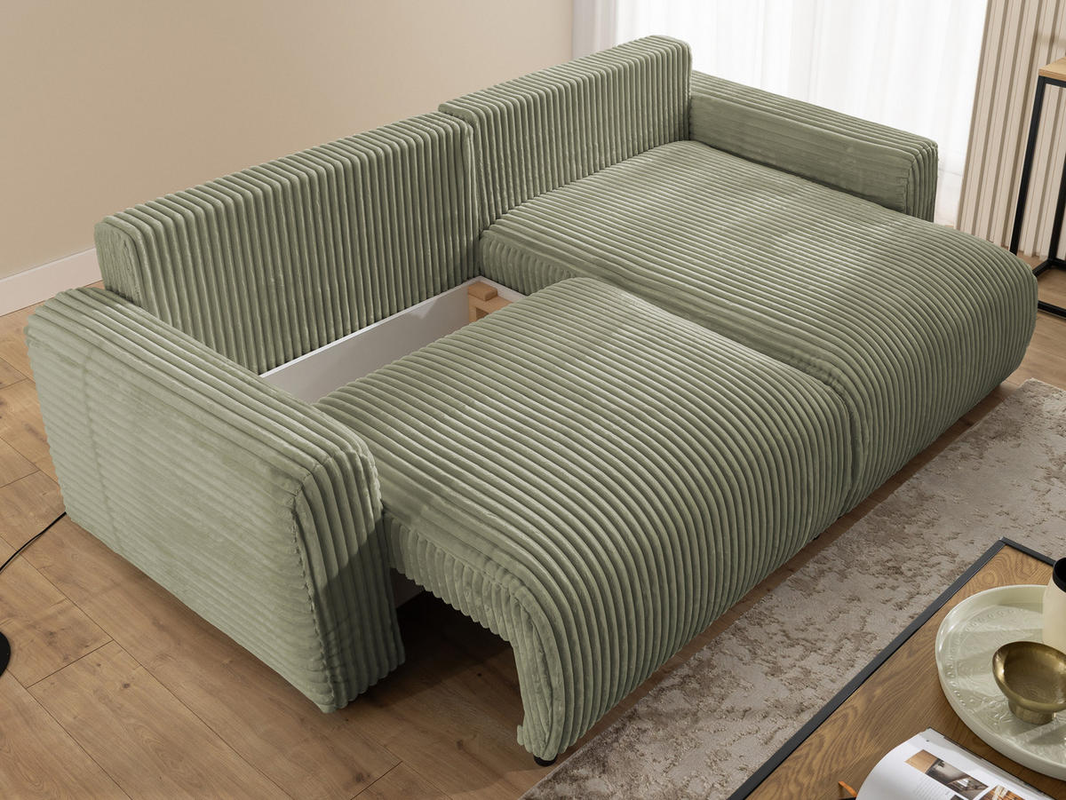 ECKSOFA Calma mit Schlaffunktion und Bettkasten im Bumpy-Design aus weichem Olive Plüschcord - Ottomane rechts - Schwarz/Grün, Holz/Kunststoff (140/239cm) - S-Style