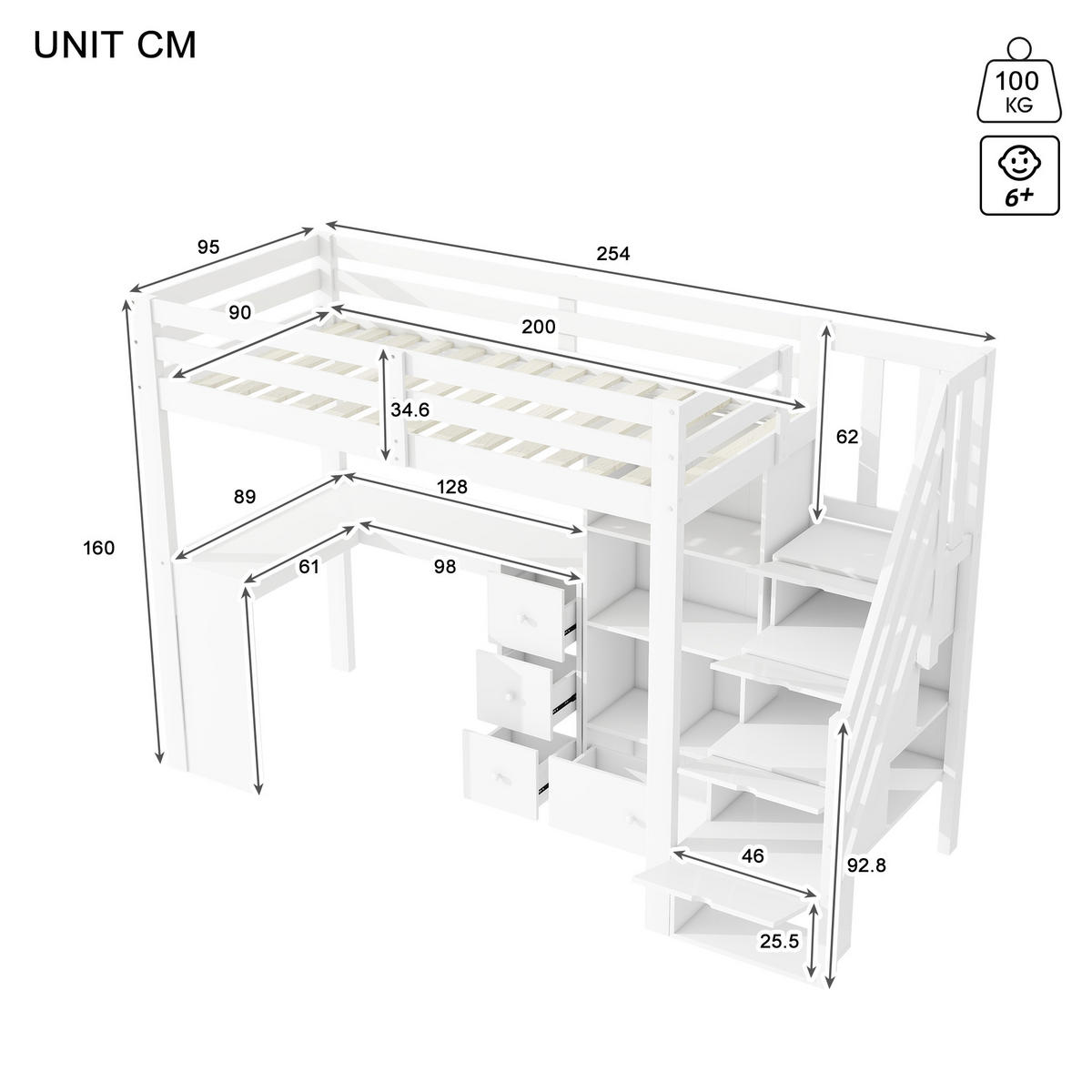 HOCHBETT aus Kiefer 90x200 cm Weiß mit Schreibtisch, Schubladen, Stauraumleiter und offenem Stauschrank - Weiß, Holzwerkstoff (140/200cm) - Modfu